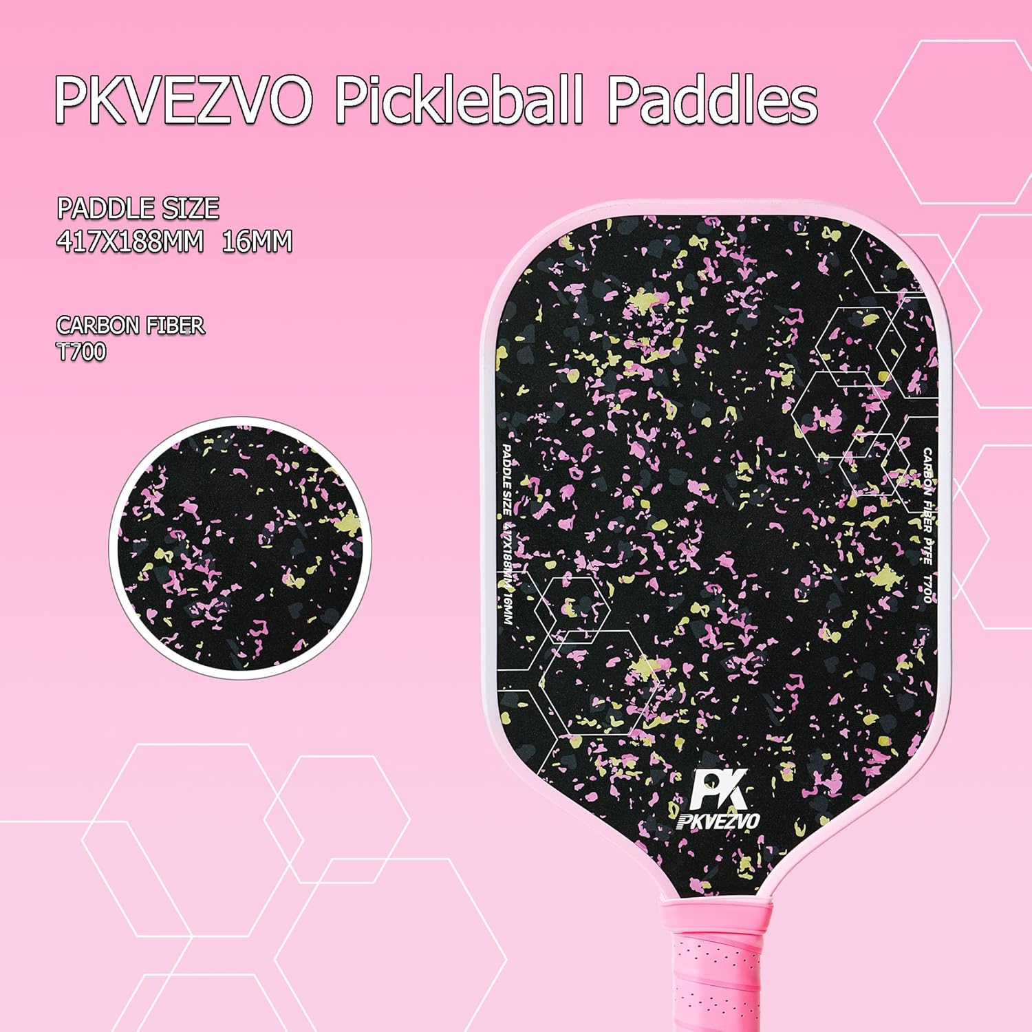 Pickleball Paddles, T700 Carbon Fiber Surface Pickle Ball Paddles Polypropylene Honeycomb Core, Shock-Absorbing Paddle with Anti-Slip Grip, Provides Control of Spin&Power