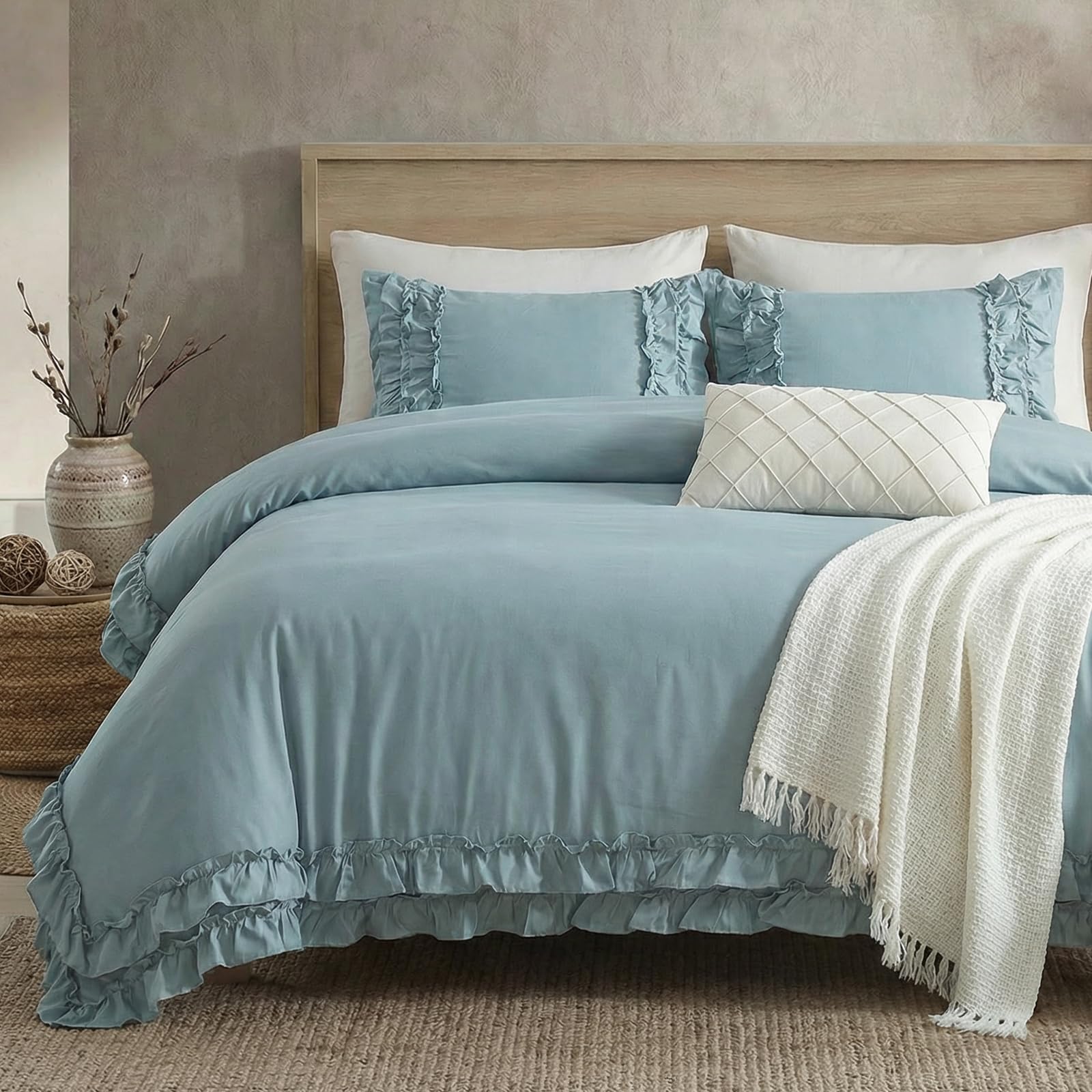 Parure de Housse de Couette Super King Size Bleu Gris Chic Herside