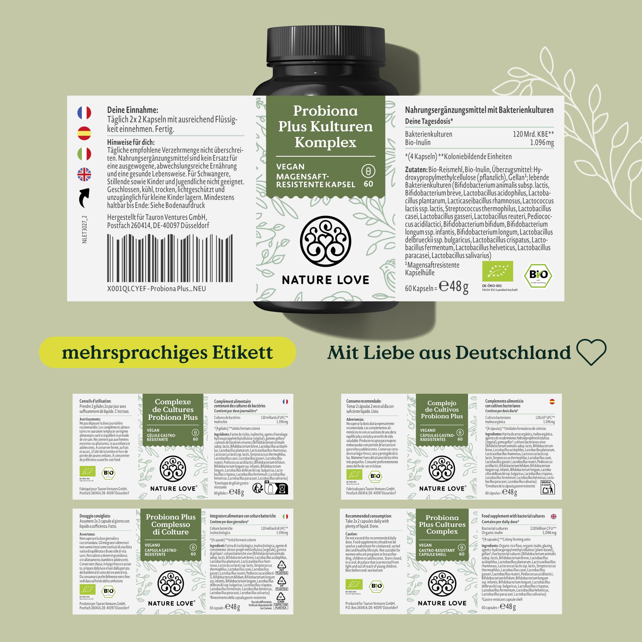 NATURE LOVE® Probiona PLUS - 120 Mrd KBE je Tagesdosis (hochdosiert) - 20 Bakterienstämme + Bio Inulin - 60 magensaftresistente Kapseln - vegan, entwickelt in Deutschland, Markenrohstoff aus Italien