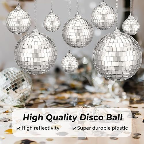 Miniatura 5 de WYOMER Paquete de 47 bolas de discoteca con espejo plateado para colgar, decoración de discoteca plateada para fiesta, 5 tamaños