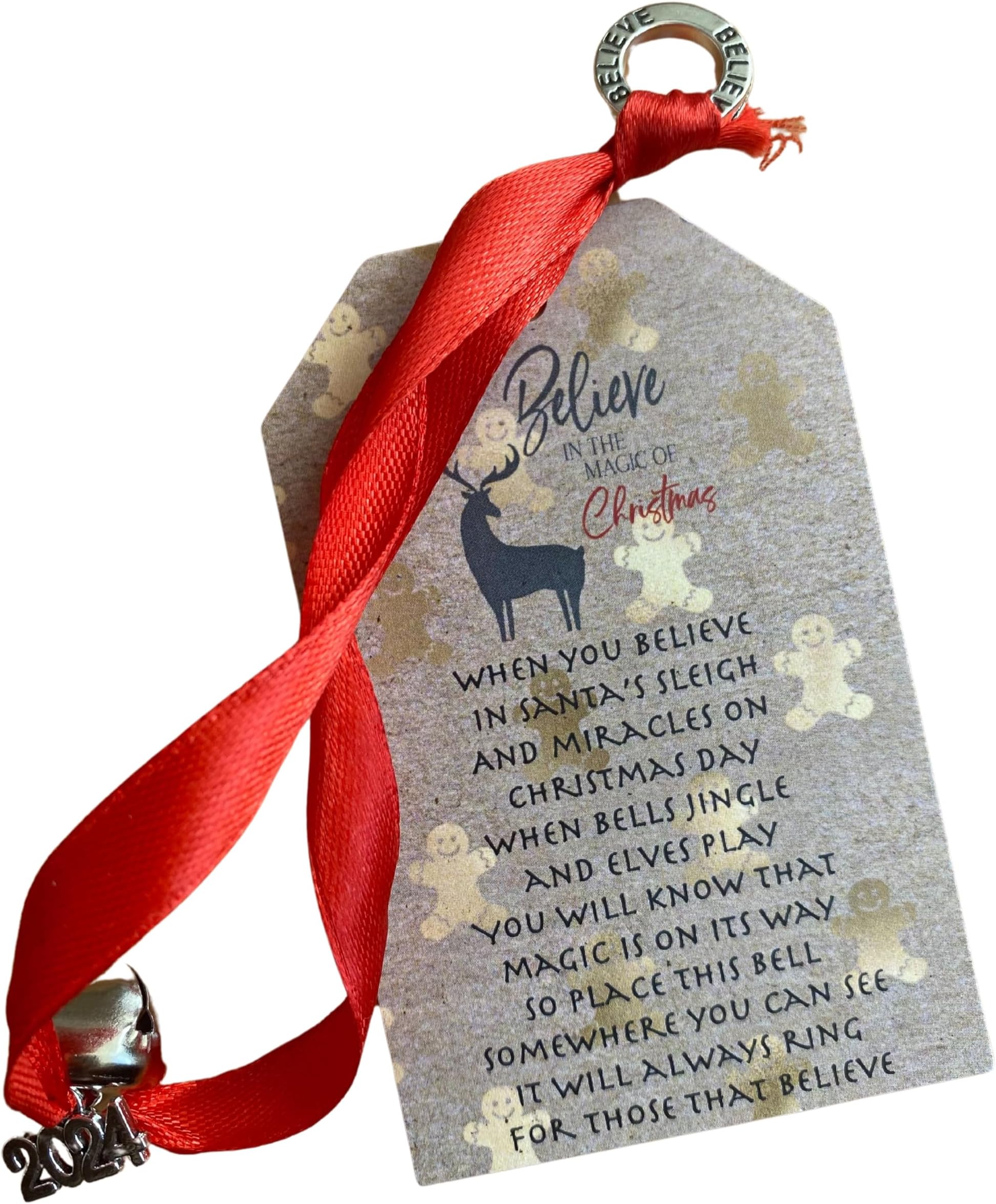 Believe Bell Christmas Decoration, Christmas Eve Box Fillers For Kids, Novelty Tree Decoration Keepsake, Personalised with Year, Magical Reindeer Christmas Bell (2024)