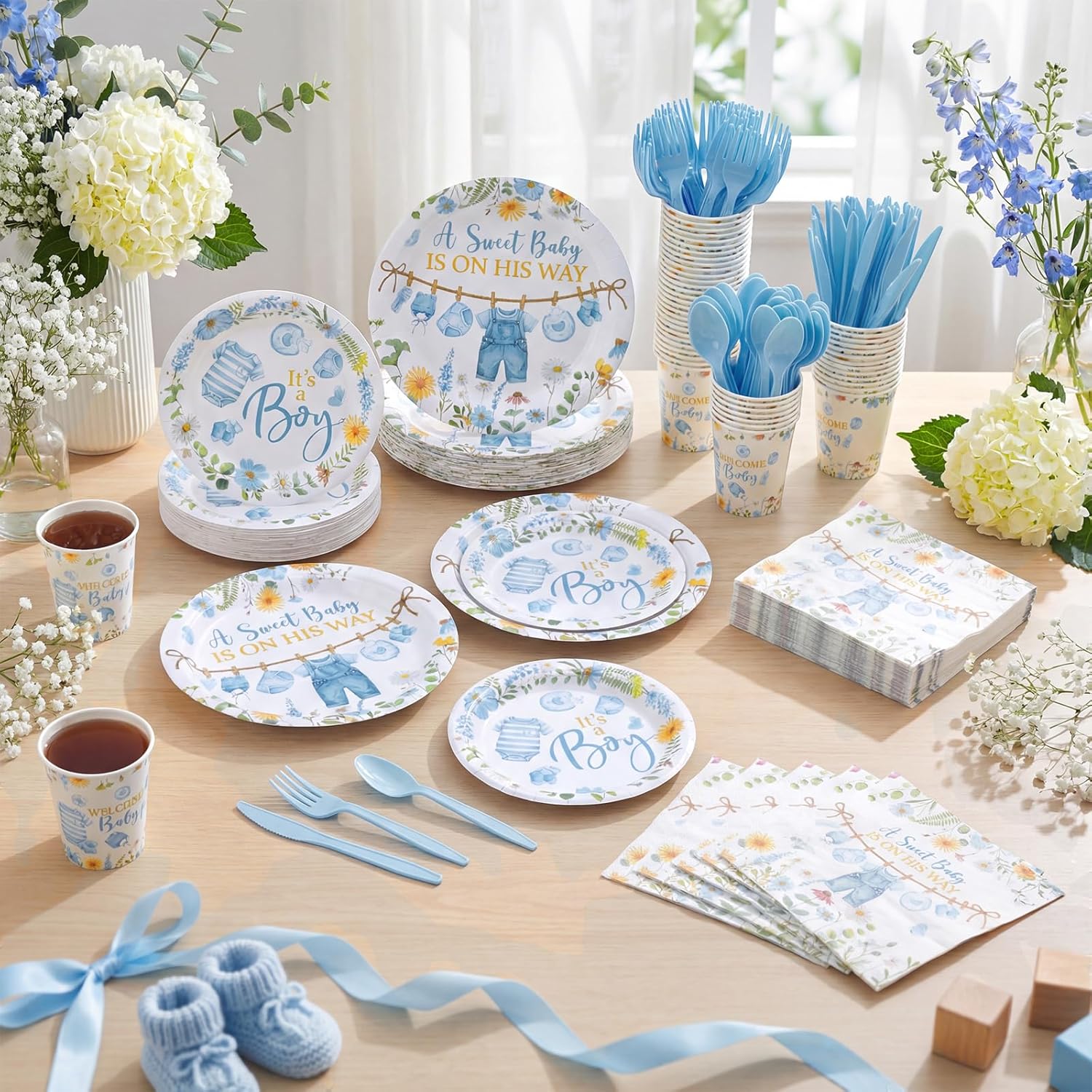 400 Pcs Blue Wildflower Boy Baby Shower Party Decoration for 50, a Sweet Baby Is on His Way Floral Paper Plates Napkins and Cups Cutlery Tableware Set for Boy Shower Party Supplies