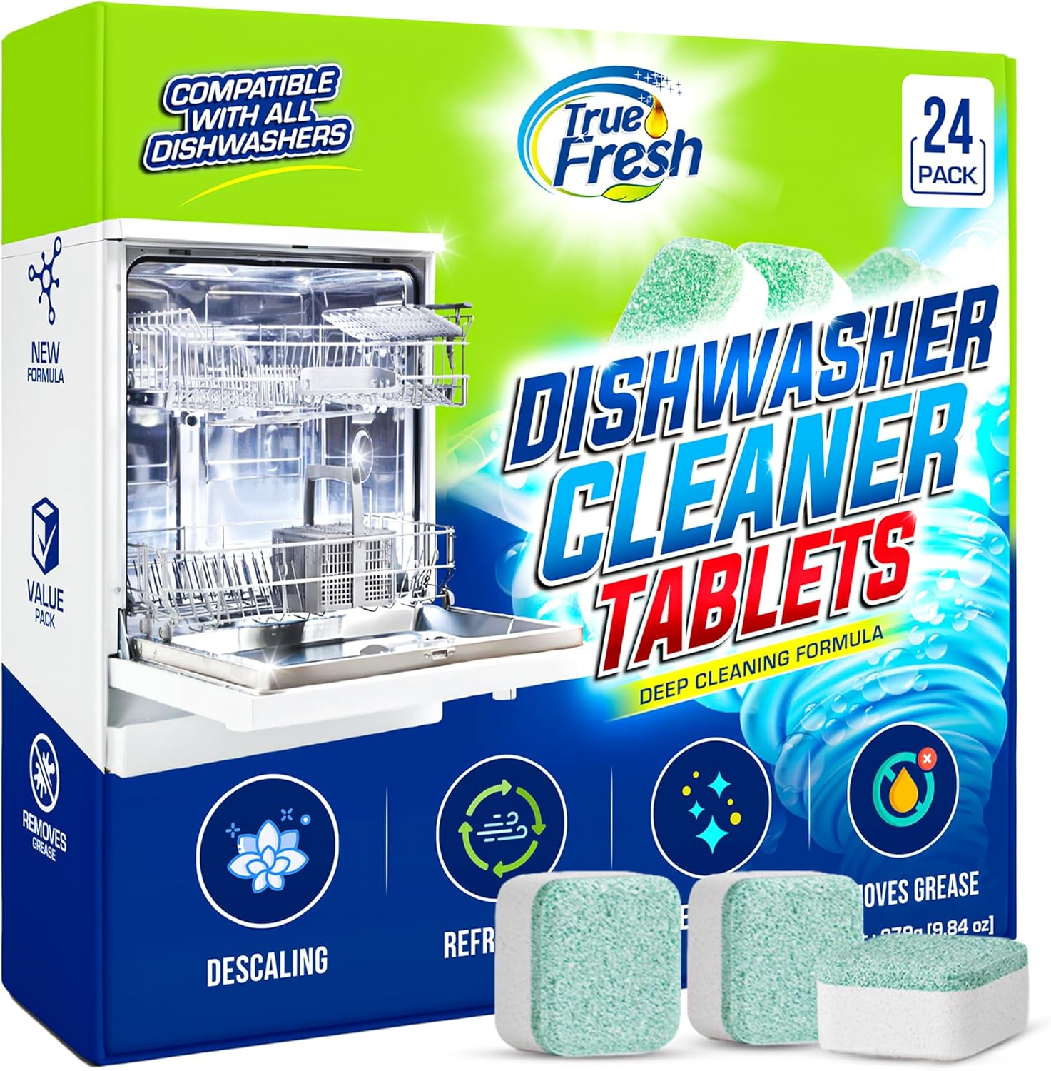 True Fresh Dishwasher Cleaner & Deodorizer Tablets 24-Pack – Deep Clean, Fresh, Sparkling Dishwasher Cleaning Tablets for Spray Arms, Filters & Drains – Removes Grease, Residue & Hard Water Buildup