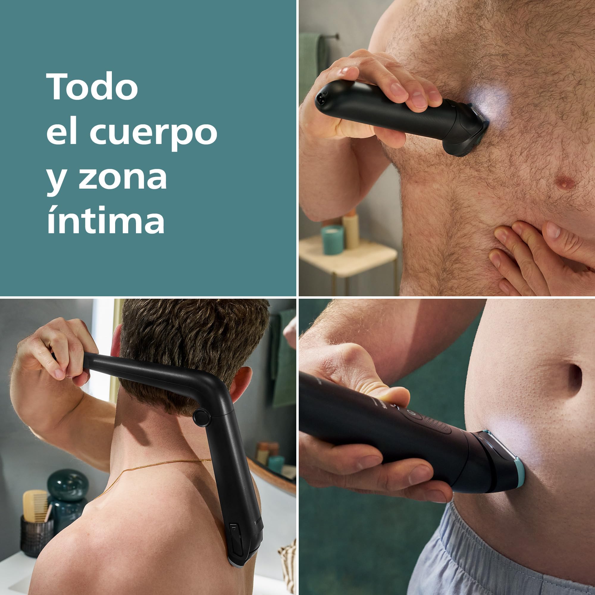 Philips Afeitadora Corporal S7000 - Recortadora para Hombre con Cabezal Pivotante Intercambiable 2D, Sistema Triple Protect, Apta para la Ducha y la Zona Íntima, 120 min. de Autonomía, BG7480/15