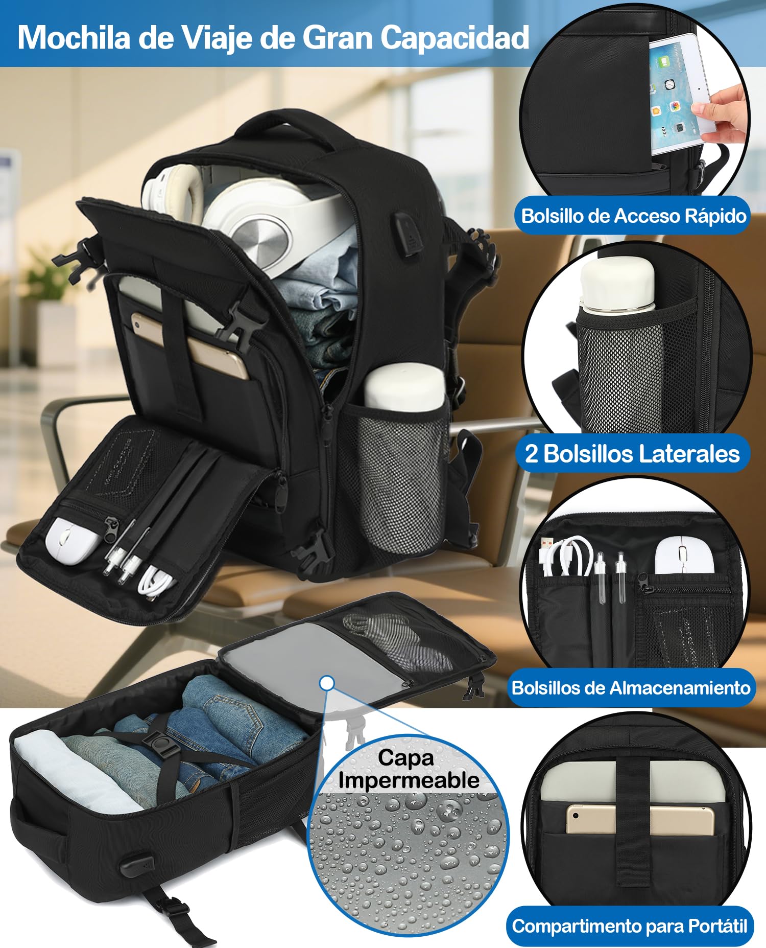 KLOSTAIN Mochila Viaje Cabina Avion 40x20x25 para Ryanair 20L Mochila Cabina Equipaje de Mano Bolso Mochilas Hombre para Portatil Negro