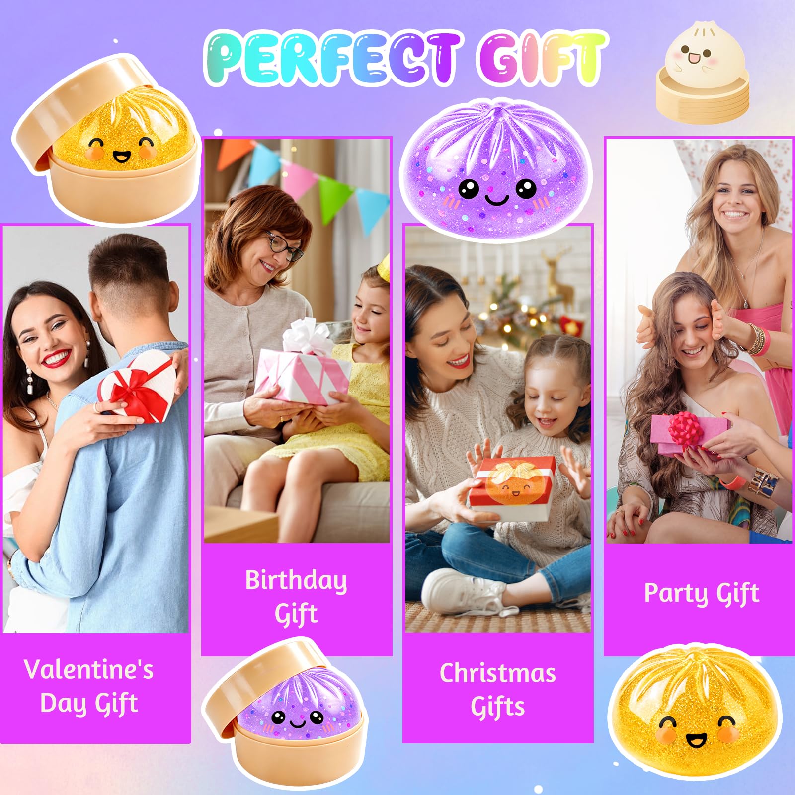 Glitter Dumpling Squishy con Cestelli per Vapore ,Mochi Squishy Antistress Con espressioni carine ,Squishys Toy Kawaii a Forma di Raviolo Squishys ,Squeeze Toy Sensoriale per Bambini e Adulti