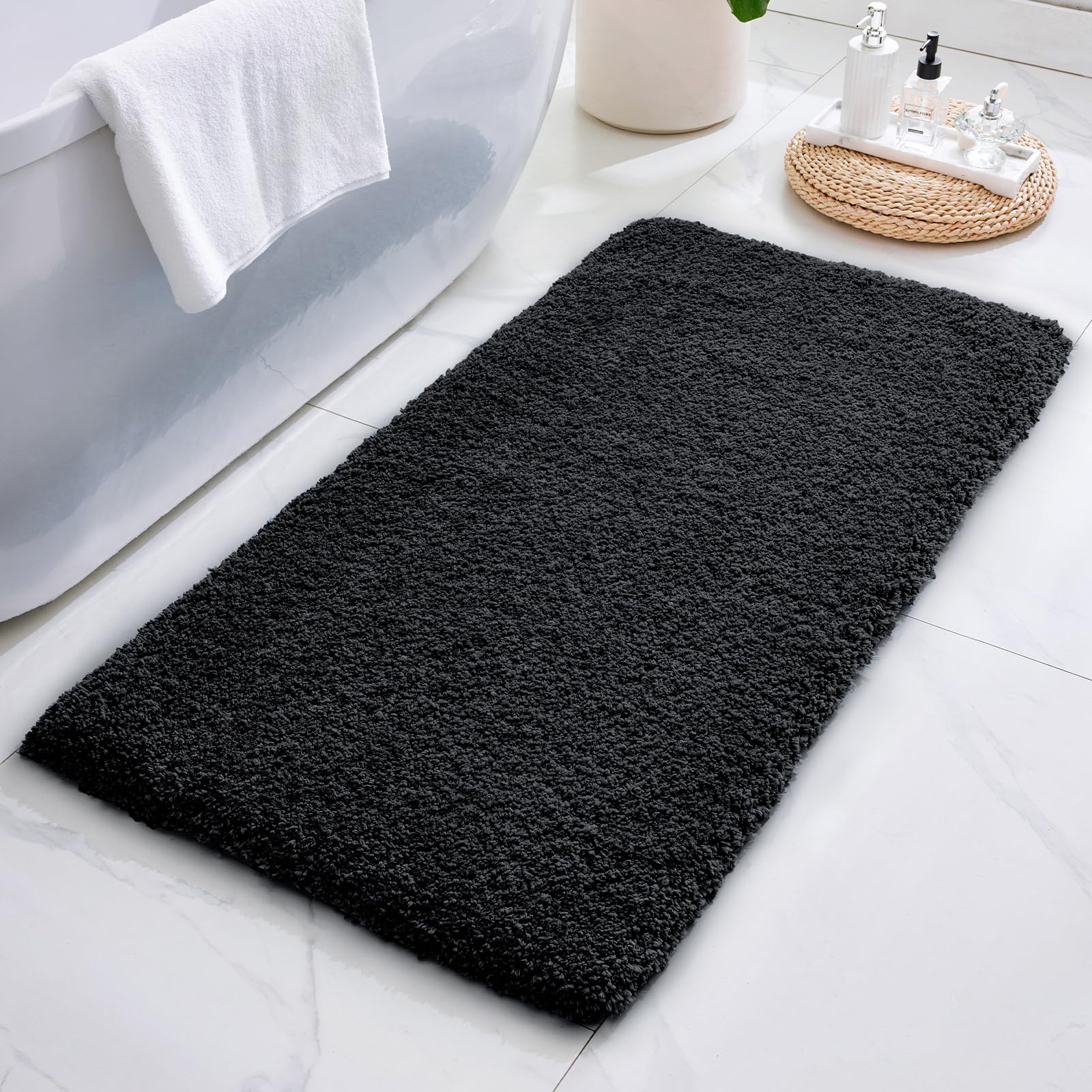 ILANGO Black Bathroom Rugs 48" × 24" Non Slip & Super Absorbent Extra Thick Soft, Washable Bath Mat for Floor, Microfiber Plush Shaggy Bath Rug with
