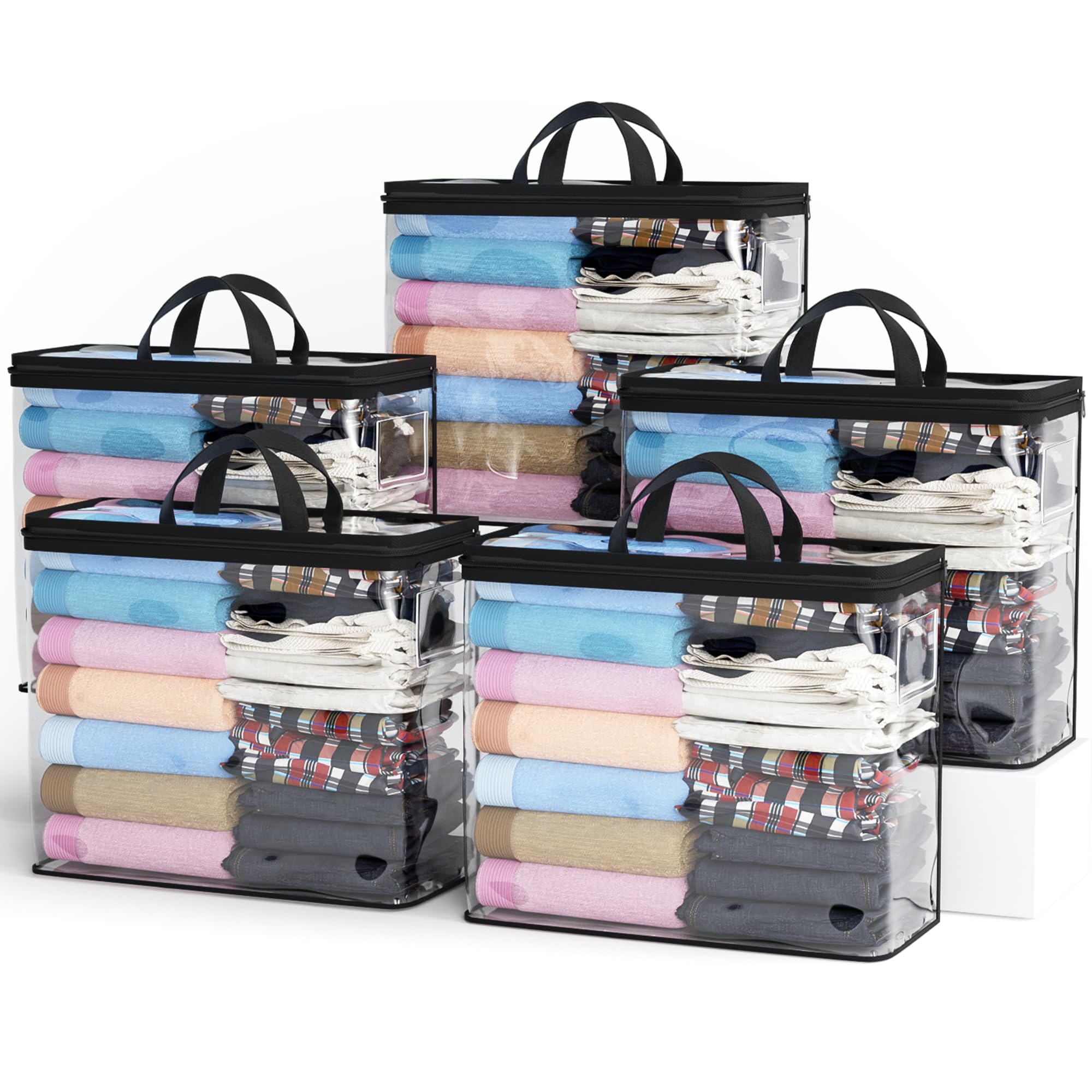Clear Zippered Storage Bag Foldable Storage Bag, 22L Clear Storage Bags for Clothes, and Blanket Storage Bags for Bedding, CDs, Blankets, Comforters, Clothing & Toys (Black, 5Pack)