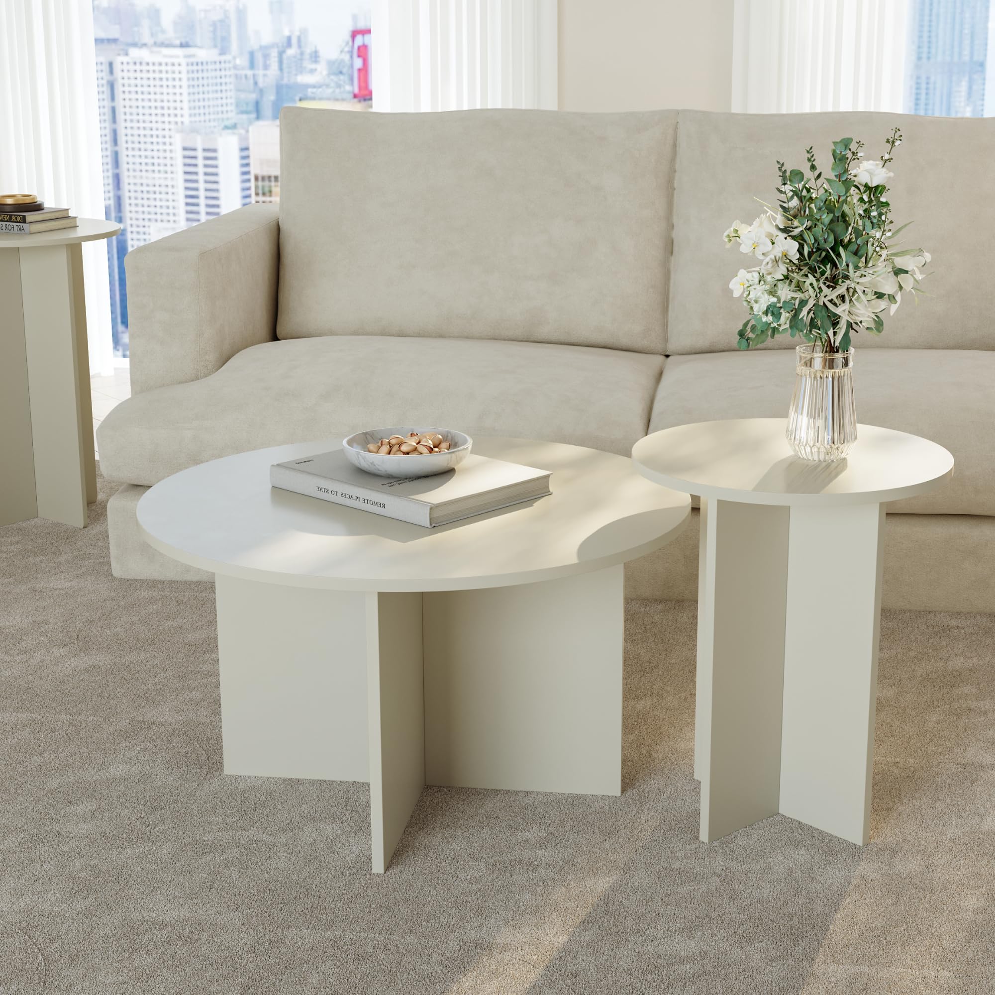 [en.casa] Lot de 2 Tables Basses Gigognes de Tailles Différentes Ensemble de 2 Tables d'Appoint pour Salon Chambre Bureau Panneau de Particules Mélaminé Sable
