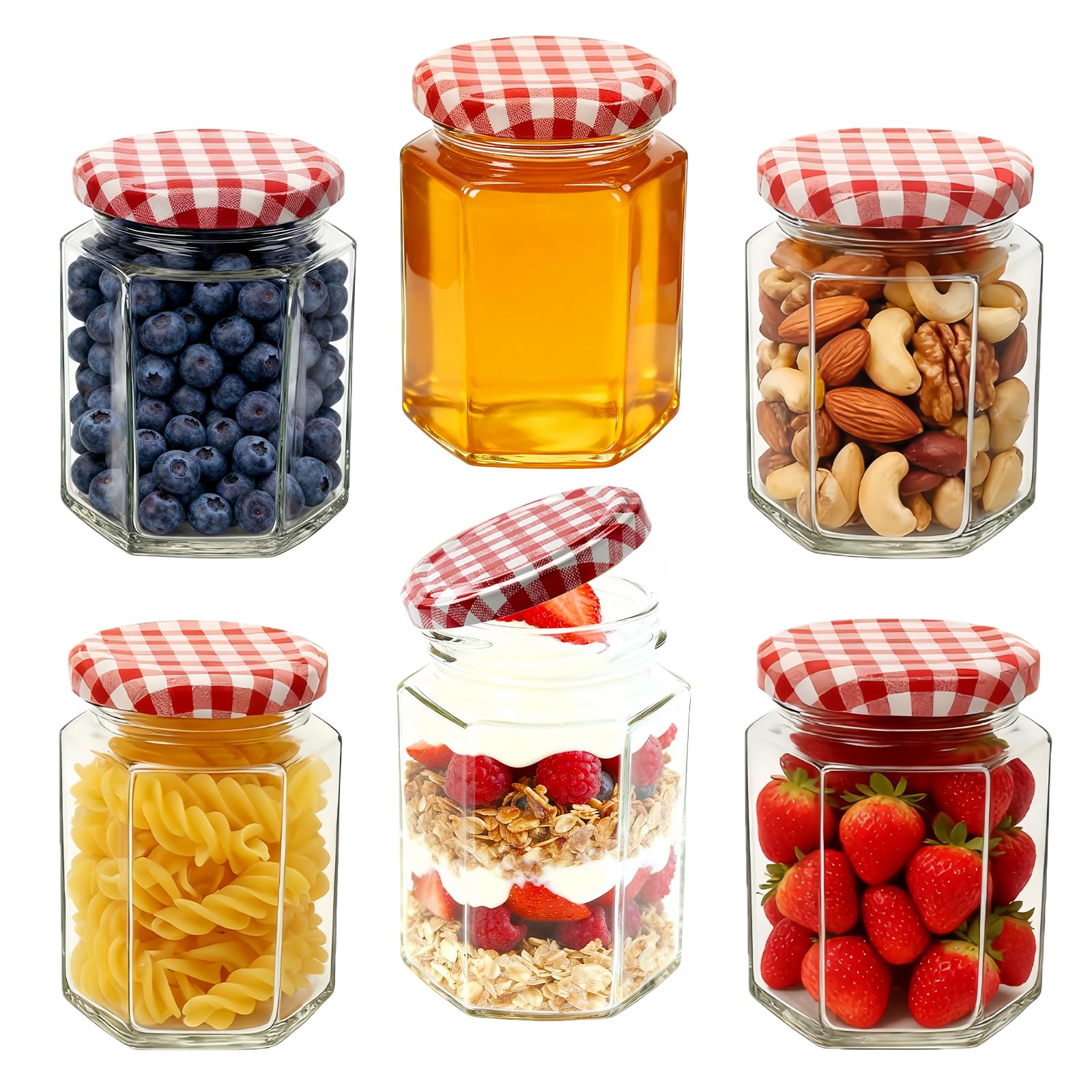 NBOUOU Glass Jam Jars with Lids, 6 Pack Hexagonal Storage Glass Jars with Screw Top Red, 280ml / 9oz Clear Airtight Preserving Glass Jars with Brush, for Jam Sugar Kitchen Spices Honey or Sweets