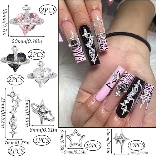 Miniatura 3 de RODAKY 30 dijes de arte de uñas de estrella, planeta plateado 3D, suministros de arte de uñas con diamantes de imitación, diseño de forma de Saturno