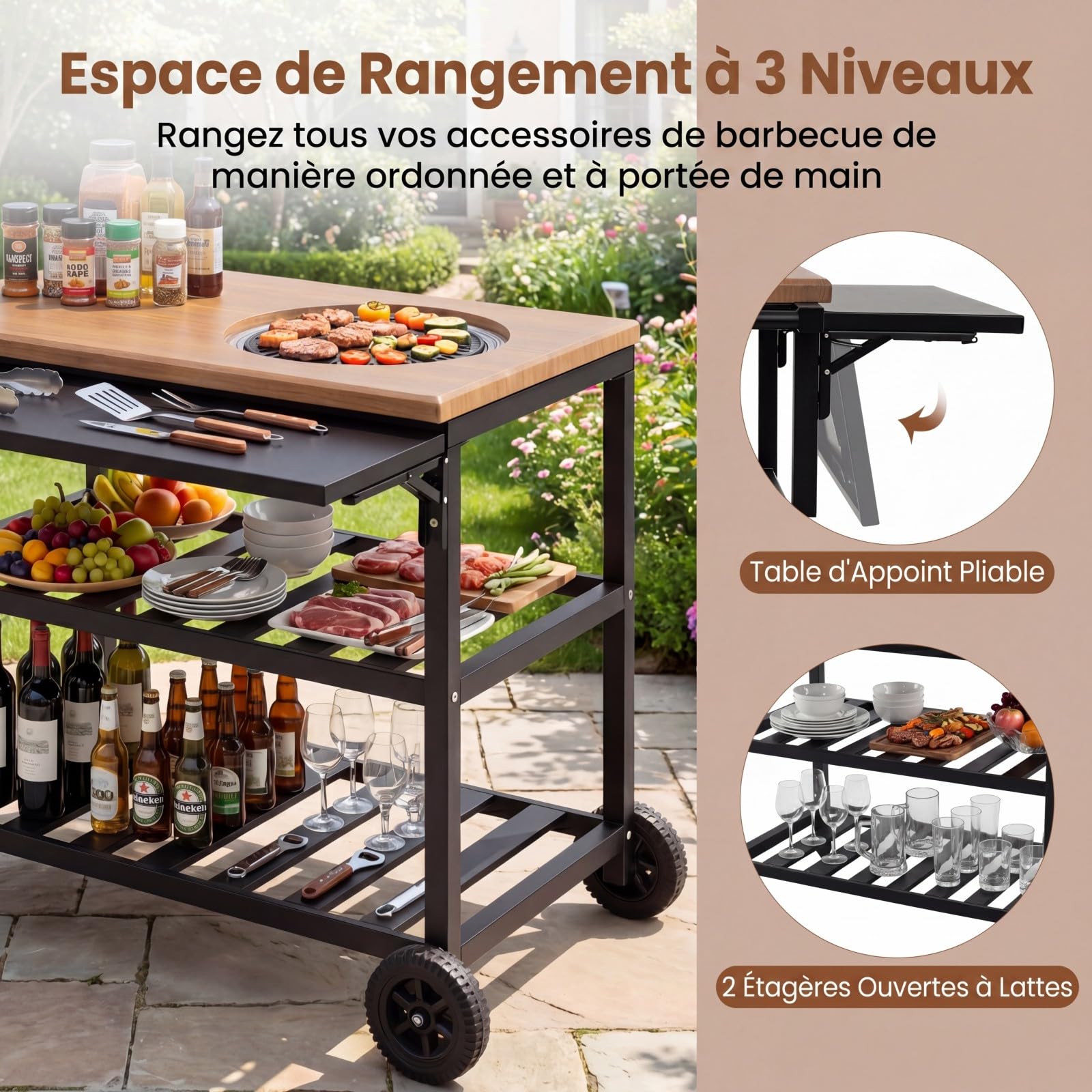 KOMFOTTEU Carrello Barbecue con Forno, Carrello Picnic a 3 Livelli, Piano Laterale Pieghevole, Griglie e Teglie, Carrellino con Ruote per Cucina in Terrazzo e Giardino, 94,5 x 75 x 78,5 cm