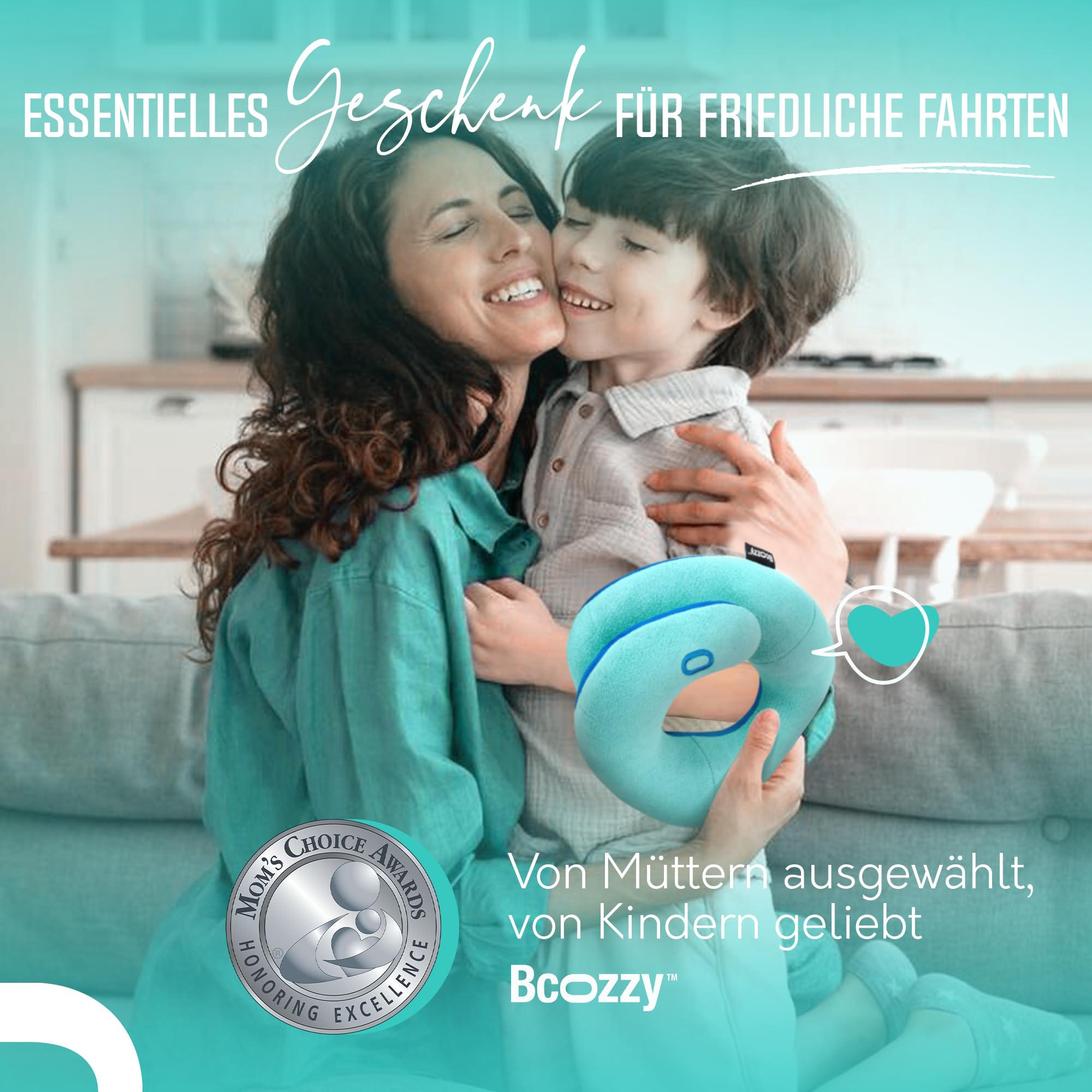 BCOZZY Kinder (3-7 J.) Auto Nackenkissen – Patentiertes Reisekissen für Kopfstütze im Kindersitz, Flugzeug und beim Schlafen auf Reisen. Weich. Verstellbar. Waschbar. Mit Tragetasche. Klein, Blau