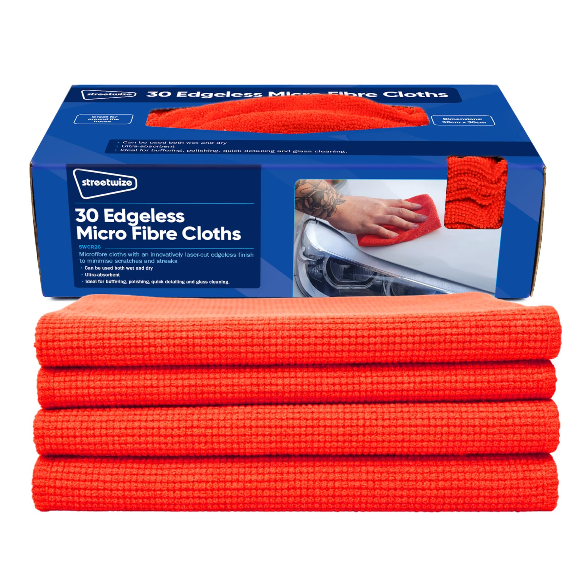 Streetwize - Multi-Purpose Microfibre Cloths - 30 Pack - Ideal For: Cleaning Mirrors & Glass, Polishing, Buffering, Ultra-Absorbent