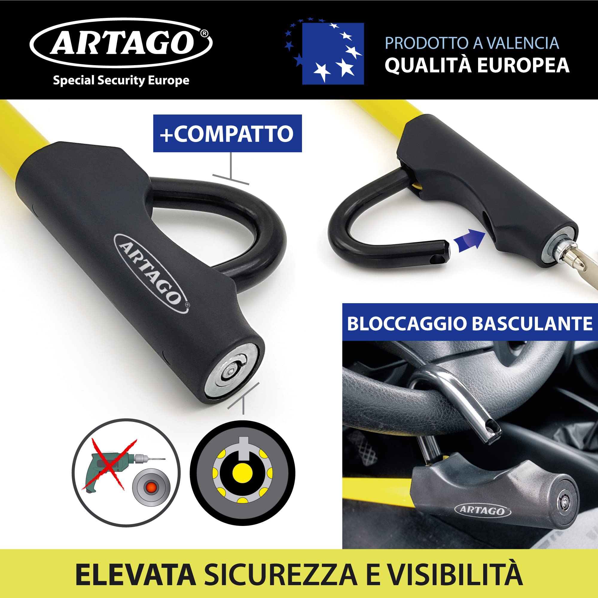 ARTAGO 871 Antifurto Auto Blocca Sterzo Meccanico Universale per Auto Camper