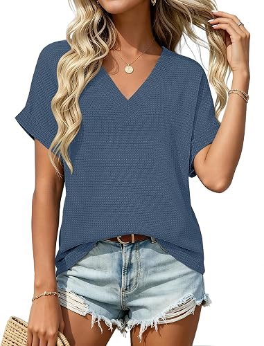 GUNEST Short Sleeve Tunic Tops for Women Casual V Neck Knit Waffle Cover Up Top Soft Summer Basic Trendy Shirts Blue M