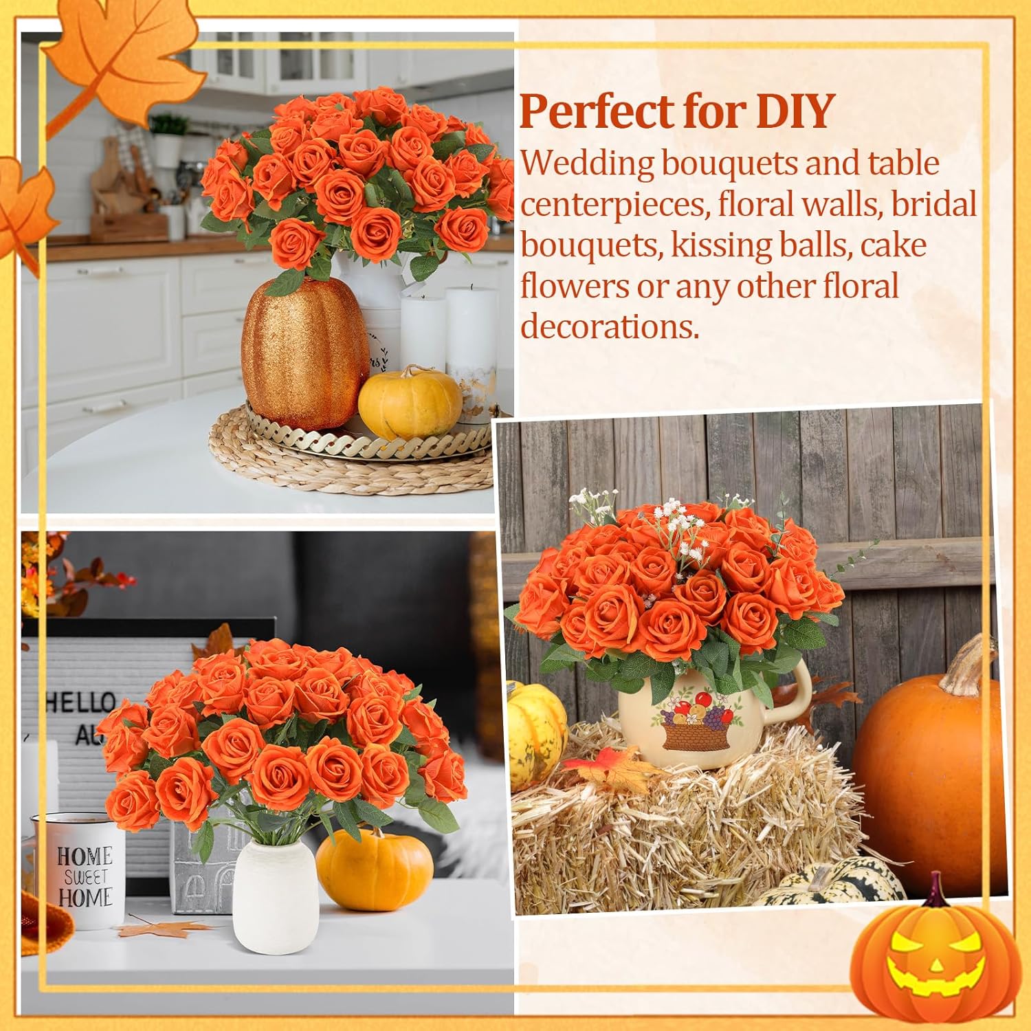 36 Pcs Velvet Burnt Orange Artificial Flowers Bouquet, Fake Rose Long Stem Realistic Fall Bridal Shower Decorations Bulk for Halloween Thanksgiving DIY Wedding Ball Arrangement - Image 3