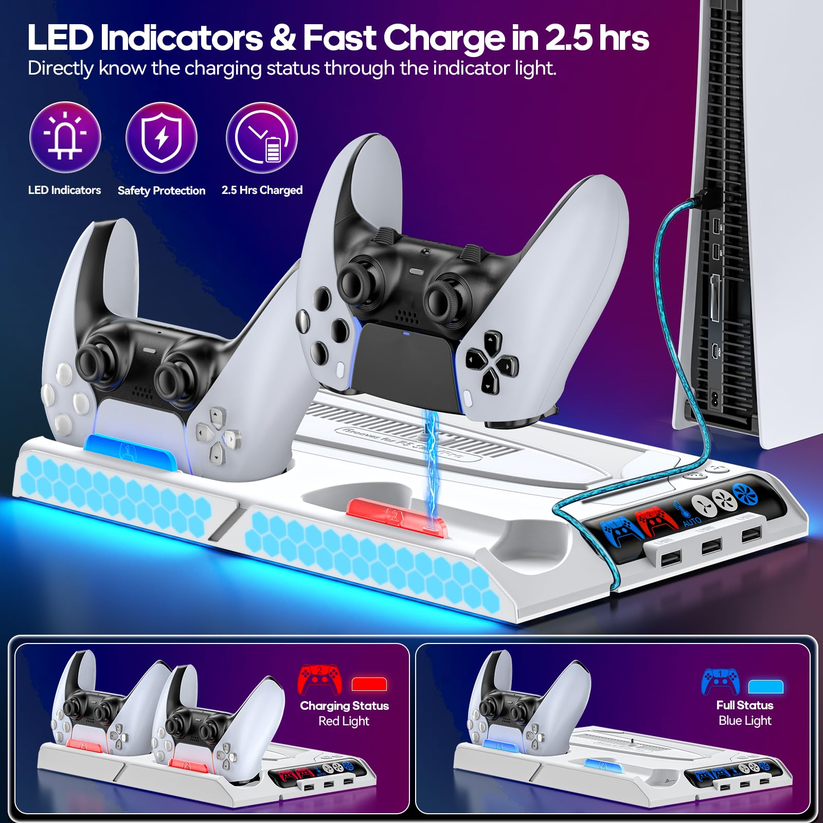 Tokluck Support de refroidissement pour PS5 Pro/PS5 Slim/PS 5 avec réglage automatique, base de charge manette PS5 avec ventilateur de refroidissement à 4 étapes, accessoires PS5 Original/Edge