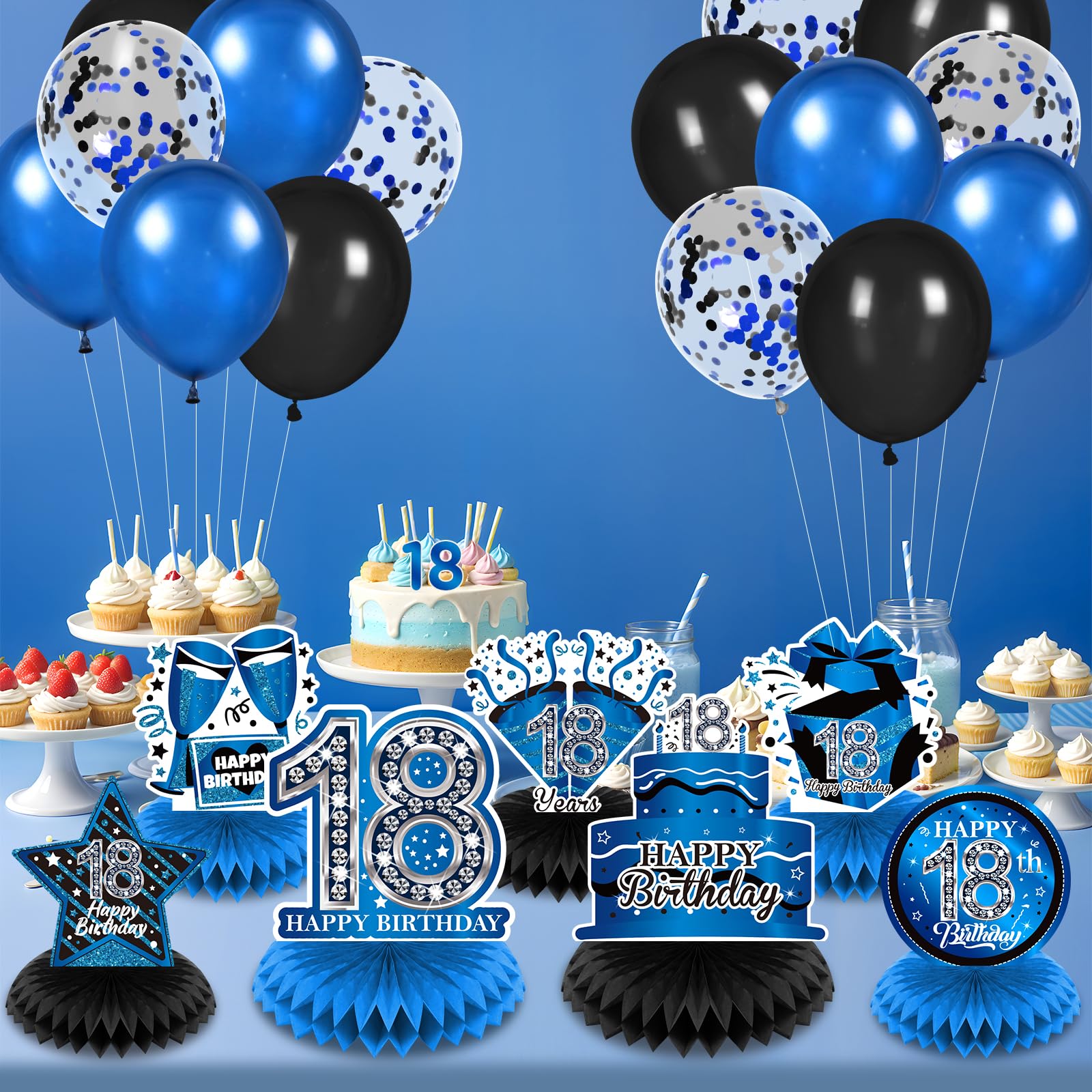 8Pcs Blue 18th Birthday Decorations Blue and Black Happy 18th Birthday Table Honeycomb Centerpieces for Table Decor 18th Birthday Table Topper for Boys Girls 18th Birthday Anniversary Party Supplies