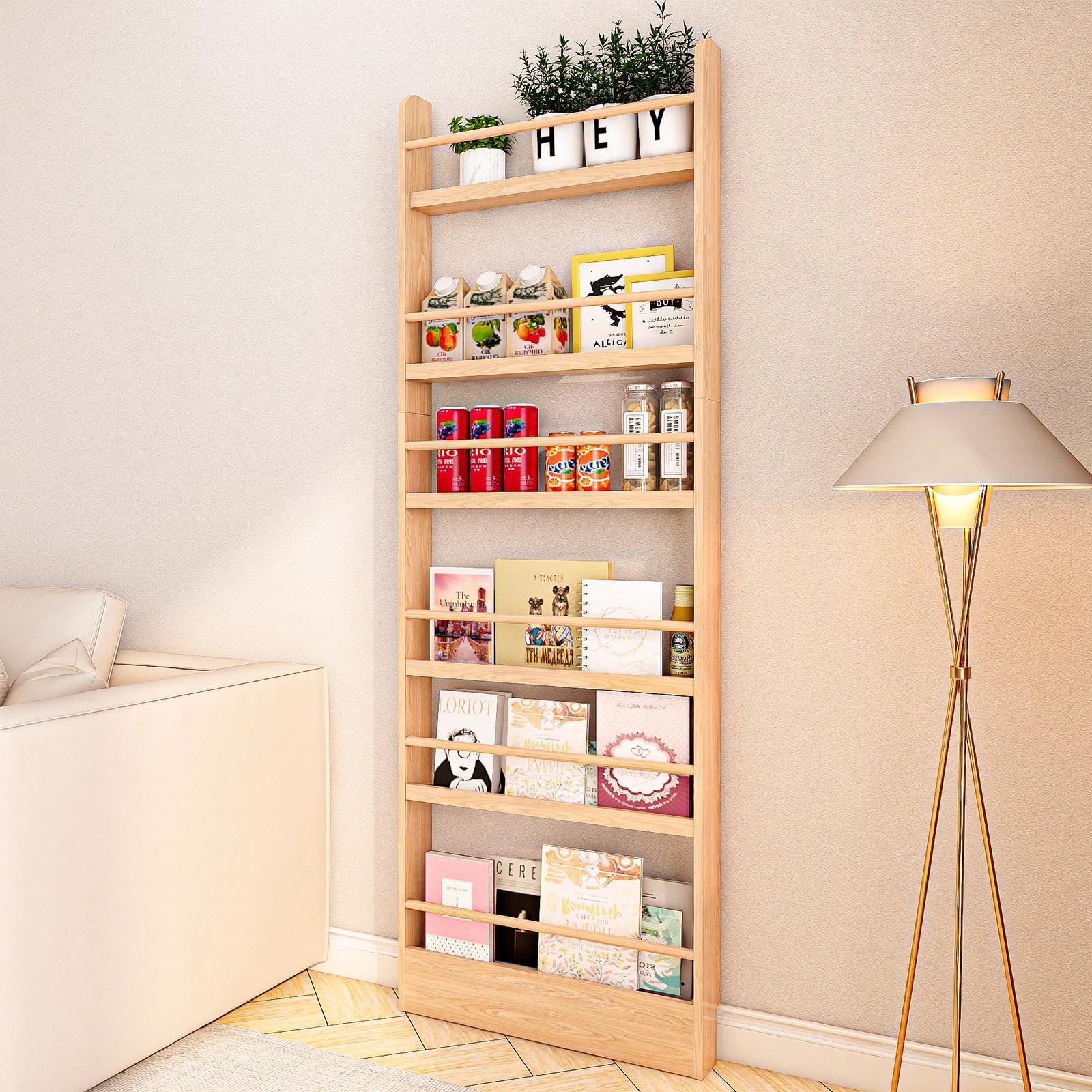 Estantería de madera para niños, organizador de 6 niveles para libros y almacenamiento de juguetes, soporte de pared para adultos, ahorro de espacio, estante de libros en dormitorio, sala de 7