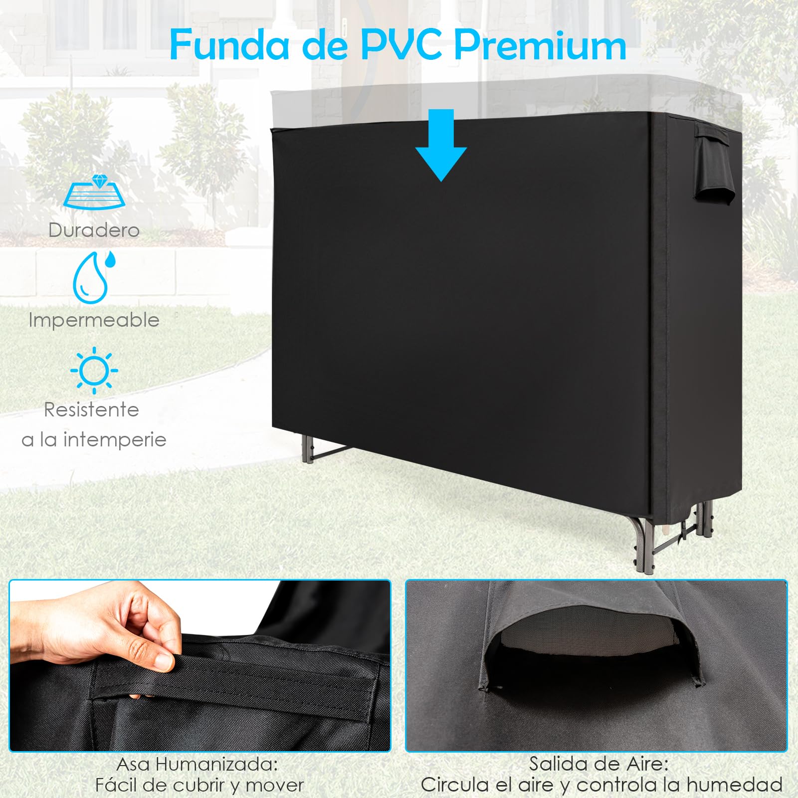 COSTWAY Leñero Exterior con Cubierta PVC 600D Impermeable, Estante leña de 122,5 CM/153 CM/184 CM/240 CM, Soporte para Leña Chimenea Interior Exterior Patio Negro (153 CM)