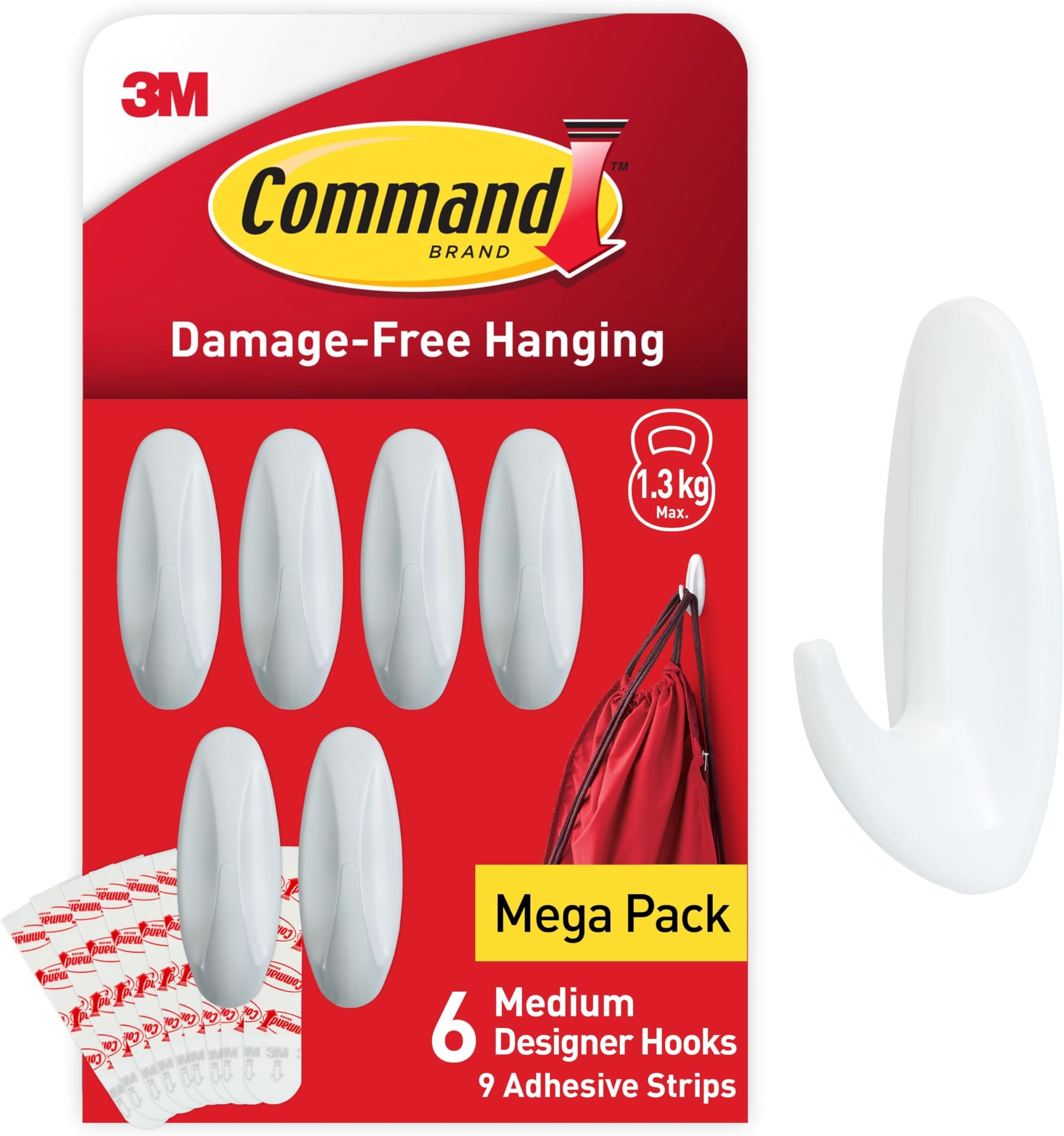 Medium Designer Hooks, White - Pack of 6 Hooks and 9 Adhesive Strips - Damage Free Hanging - Holds up to 1.3kg