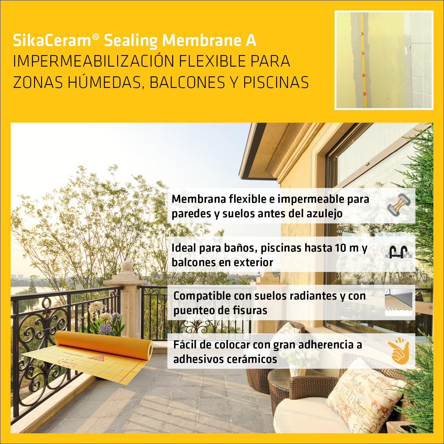 SIKA, Membrana impermeable flexible, SikaCeram Sealing Membrane A, 1m x 30m | Para zonas húmedas, piscinas y balcones - Bajo baldosas - Puentea fisuras