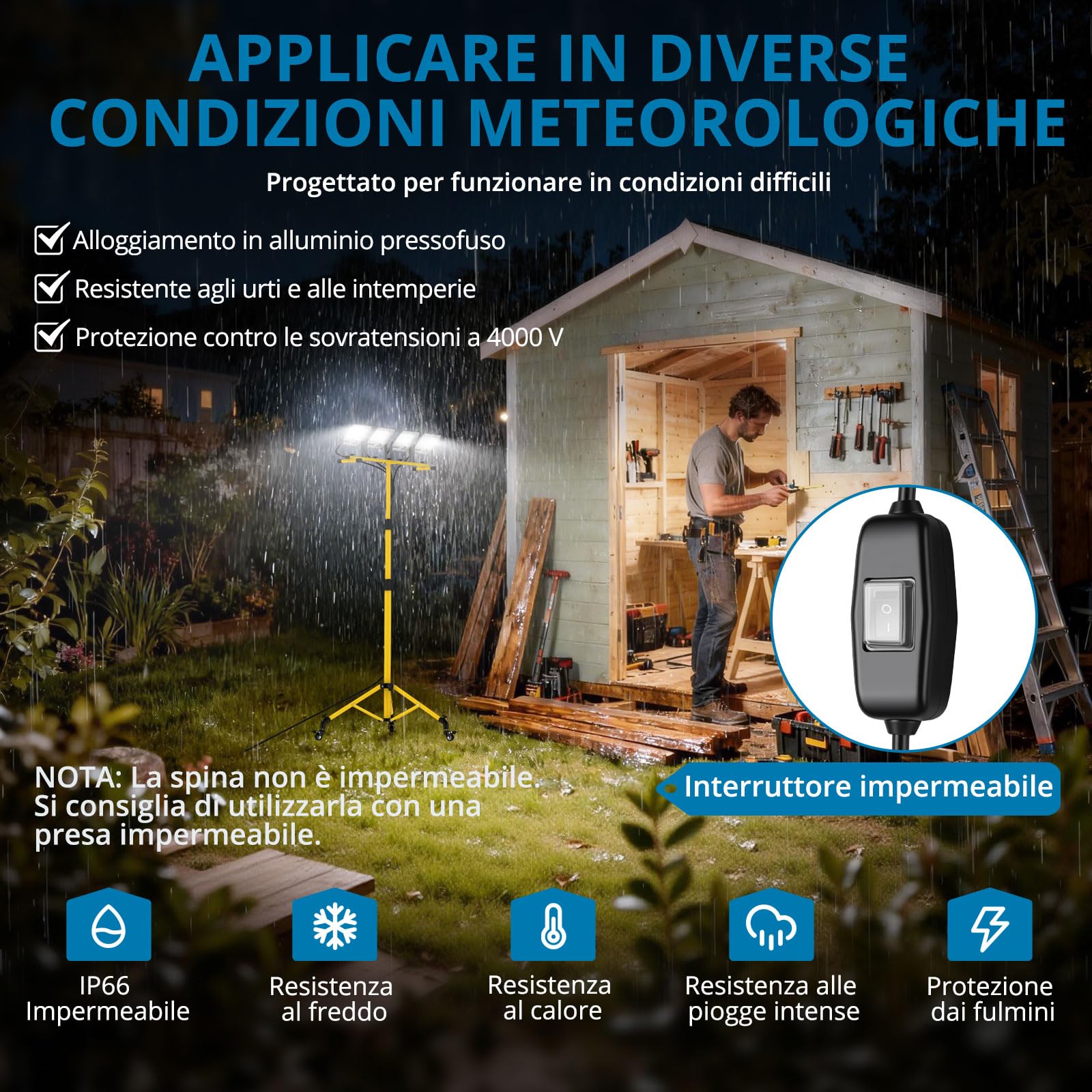 AUTOUTLET Faretto da Cantiere con Treppiede Allungabile e Ruote,4×70W 24123LM Faro Led da Esterno con Interruttore e Cavo di Alimentazione da 5 M,IP66 Impermeabile,per Garage Officina Campeggio