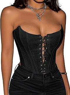 Benfoly Black Corset Tops for Women Strapless Backless Lace-Up Bustier Crop Tank Top Sleeveless Sexy Summer Going Out Top Y2K