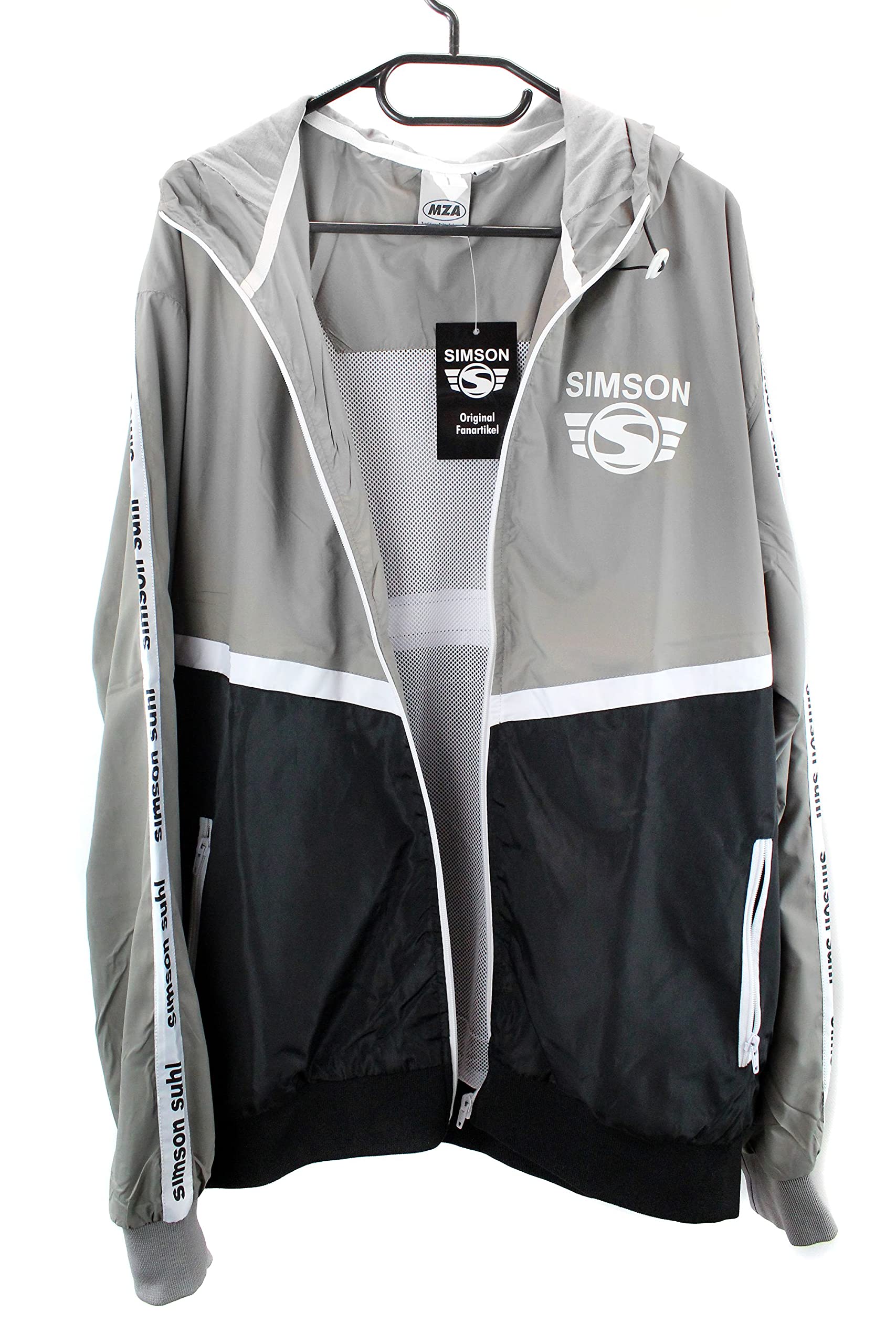 MZA Jacke Windbreaker Simson Suhl, Logo auf Ärmeln und Brust, Kapuze, Farben grau, schwarz und weiß, Größen XS-XXXL, Größe:M