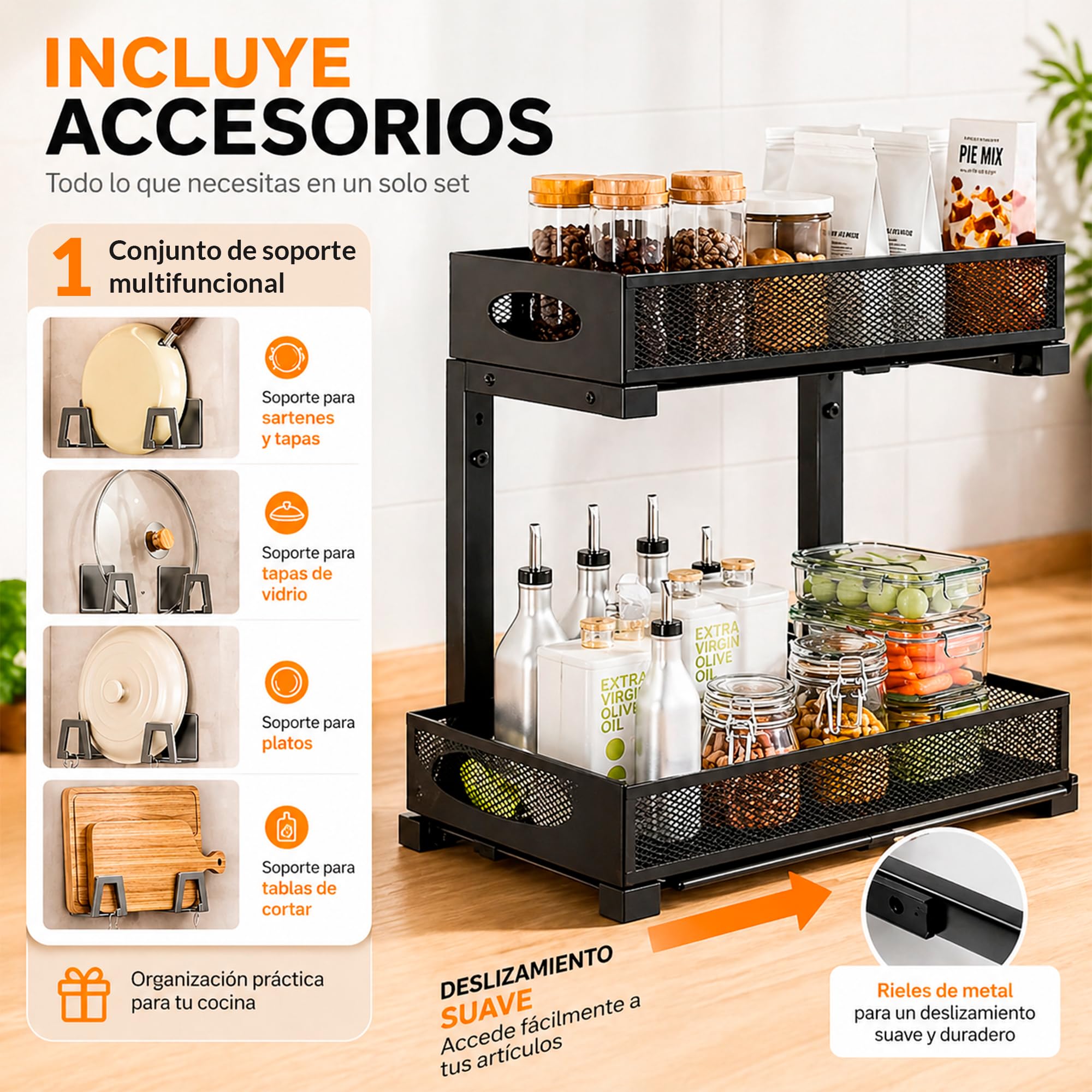 XARA Organizador Bajo Fregadero Metal Negro Pack 2 | Doble Altura, Bandejas Extraíbles