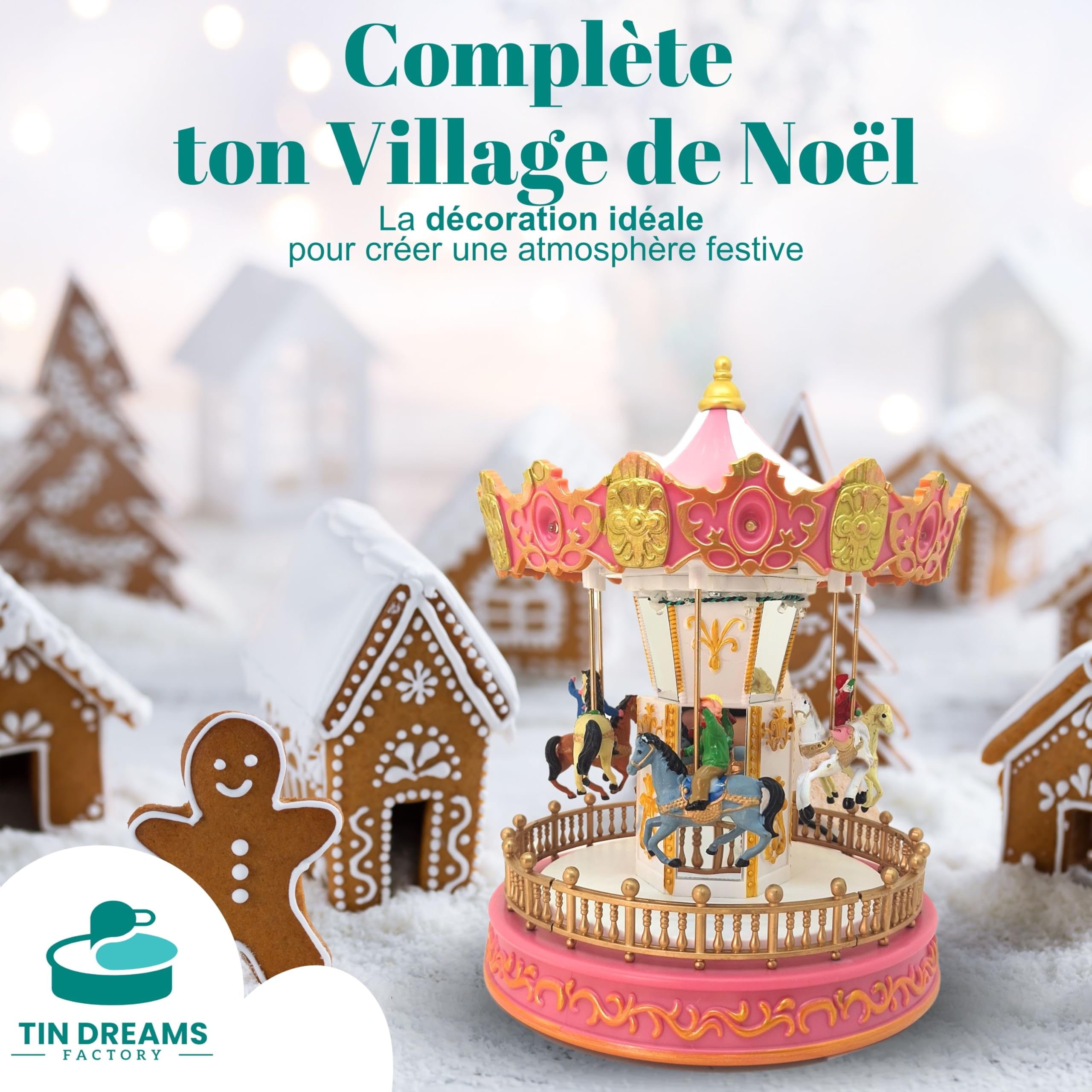 TIN Dreams | Petit Carrousel de Noël avec Mouvement, Musique et Lumières LED | Manège Musical | Village de Noël, Petite Ville, Miniature Christmas, Scène Animée Illuminée | Décoration Intérieur