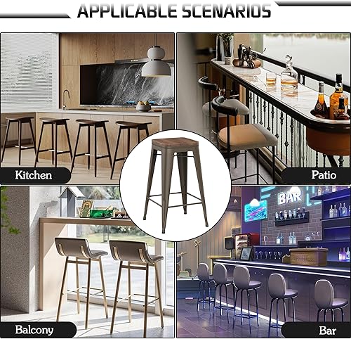 Miniatura 8 de Alunaune Juego de 4 taburetes de bar de metal de 26 pulgadas de altura de mostrador, apilables, industriales, sillas de bar con asiento de madera,