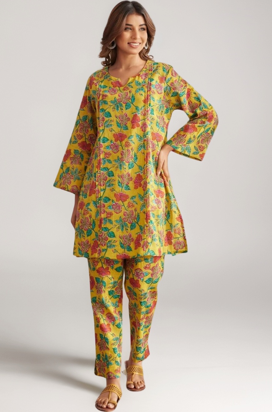 NAINVISH Womens Cotton blend Floral Ethnic Co Ord Set | Casual Wear Pant Top Set | Fancy Co-Ord Set | Full Pair Set | Kurta Sets | Kurta Pant Set | Coord Sets | Top Pant Set
