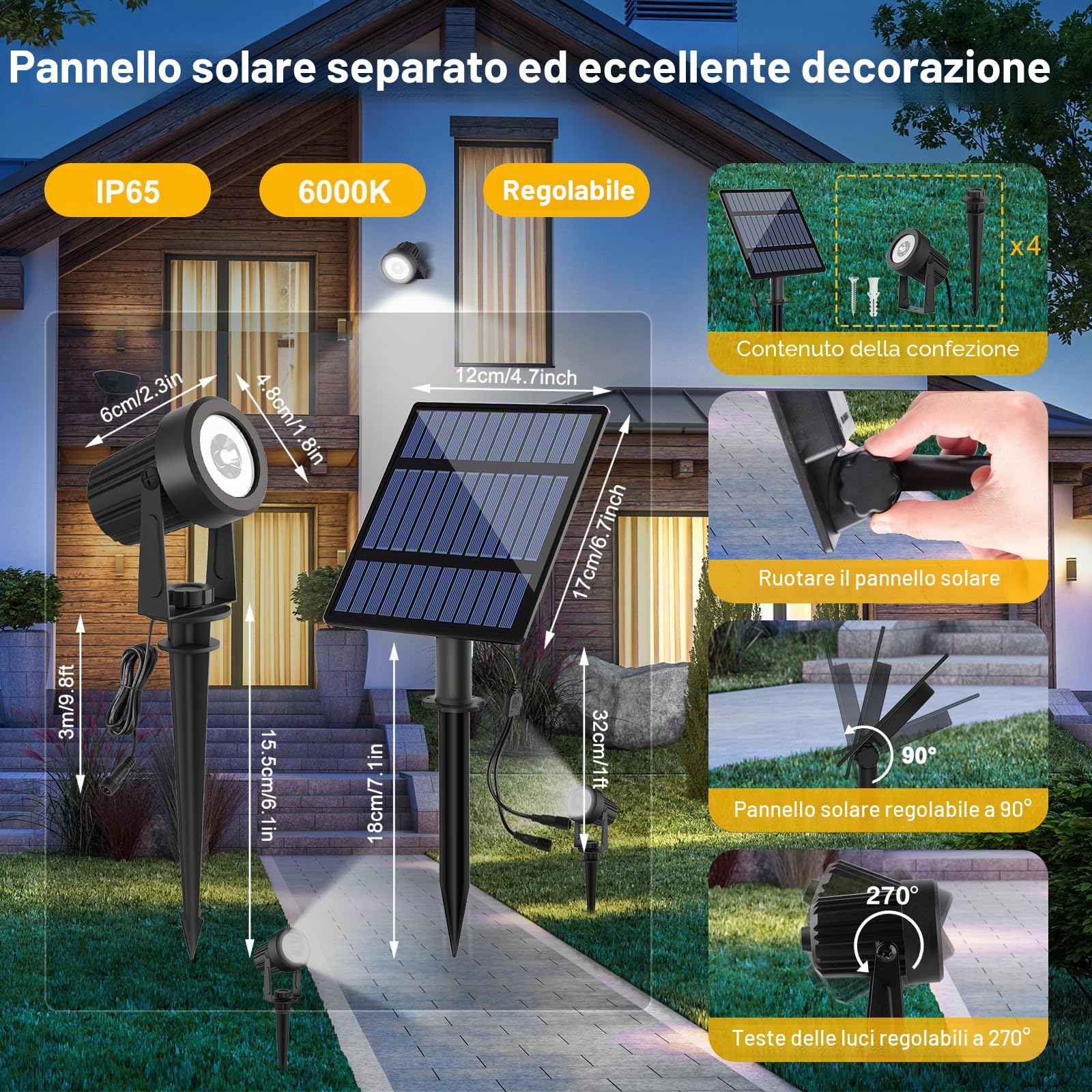 T-SUNUS Faretto Solare da Giardino, Lampade Luci Faretti Solari Esterno da Giardino 6000K IP65 impermeabile 2 Livelli di Luminosità ON/OFF automatici bianche