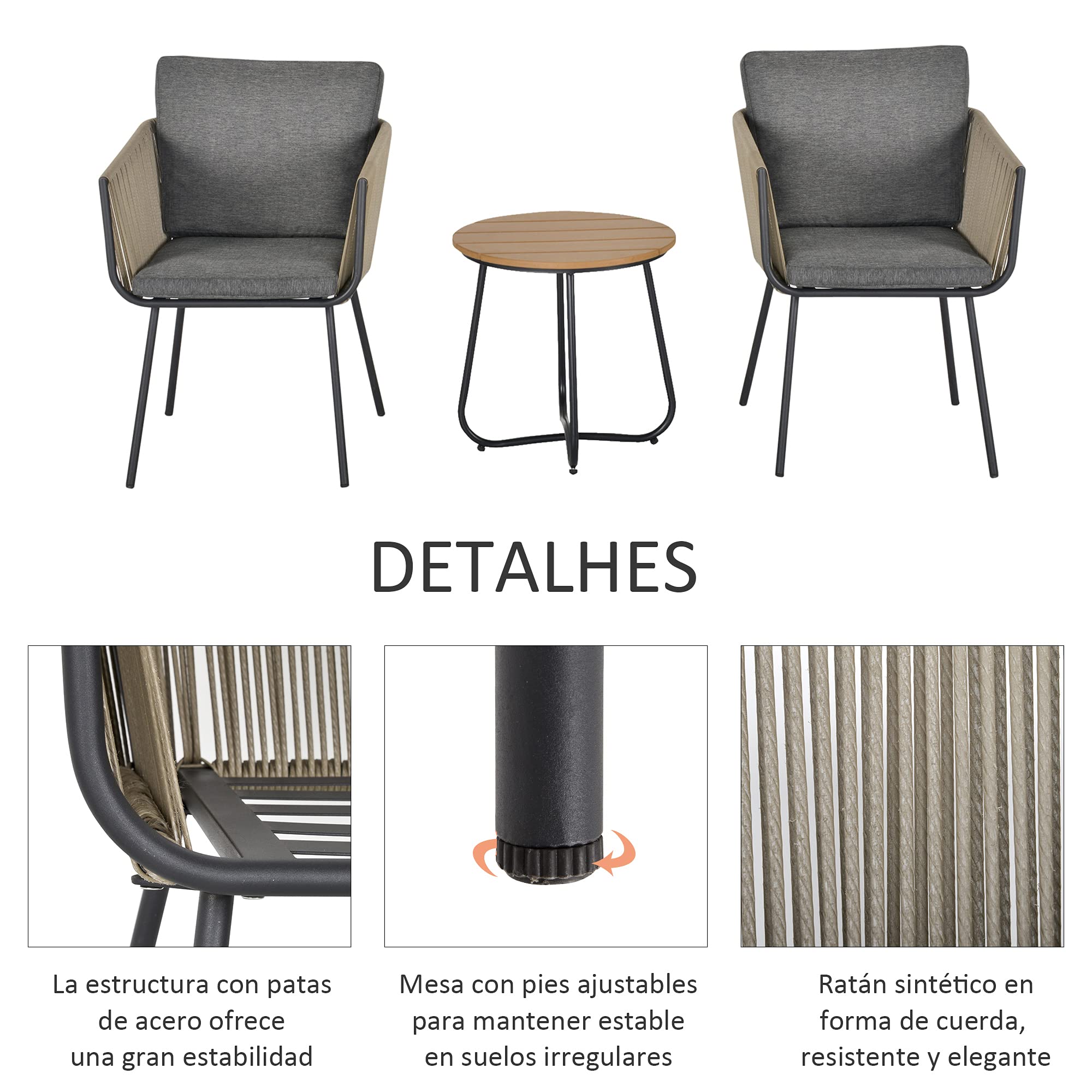 Outsunny Conjunto de Muebles de Jardín Juego de 3 Piezas Muebles de Ratán 1 Mesa Redonda y 2 Sillas Butaca con Cojines Acolchados para Balcón Terraza Acero Caqui y Gris