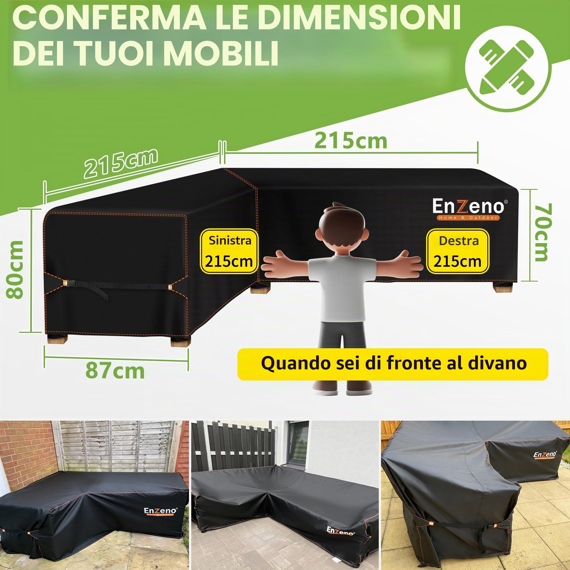 Enzeno Telo protettivo per mobili da giardino a forma di L, impermeabile e antivento per divano ad angolo esterno mobili da giardino rettangolare 215 × 215 × 87 cm copertura telone