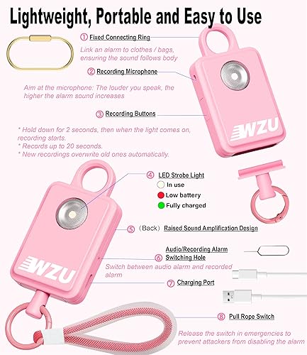 Miniatura 6 de Alarma de seguridad personal grabable WZU  Alarma de autodefensa certificada por la FCC con 2 modos de emergencia  Estroboscópico LED recargable