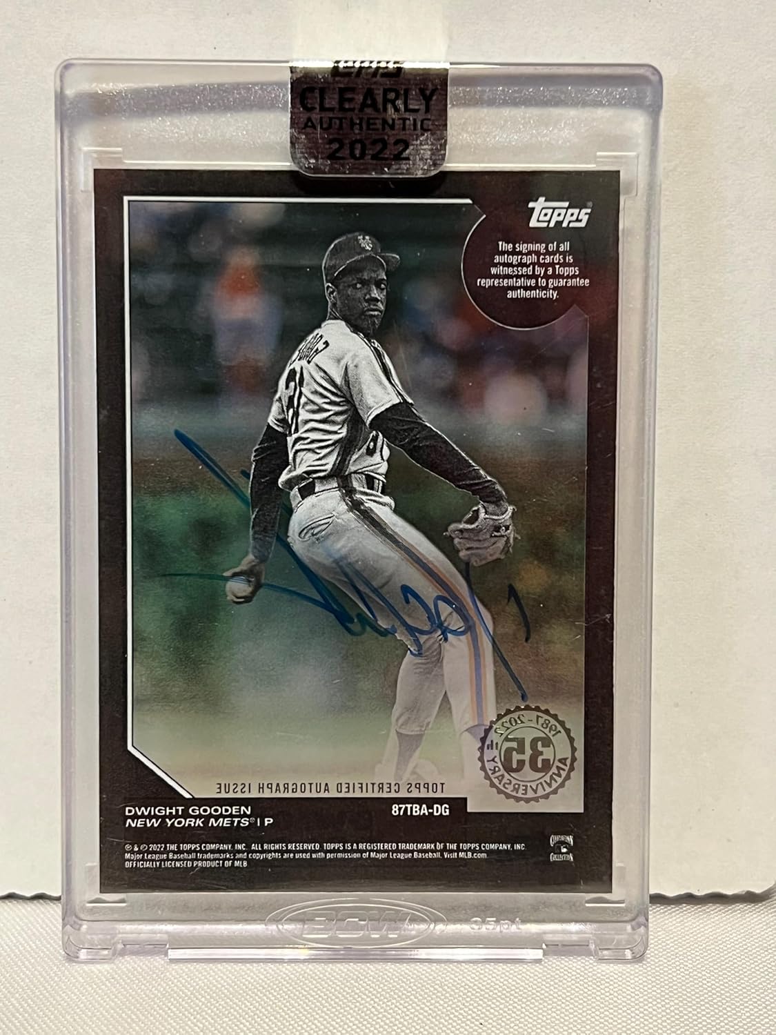 Dwight Gooden Autographed and Serial Numbered 35th Anniversary Topps Clearly Authentic Slabbed Collectible Baseball Card Directly From Topps - 2022 Topps Clearly Authentic Baseball Card #87TBA-DG (Mets)