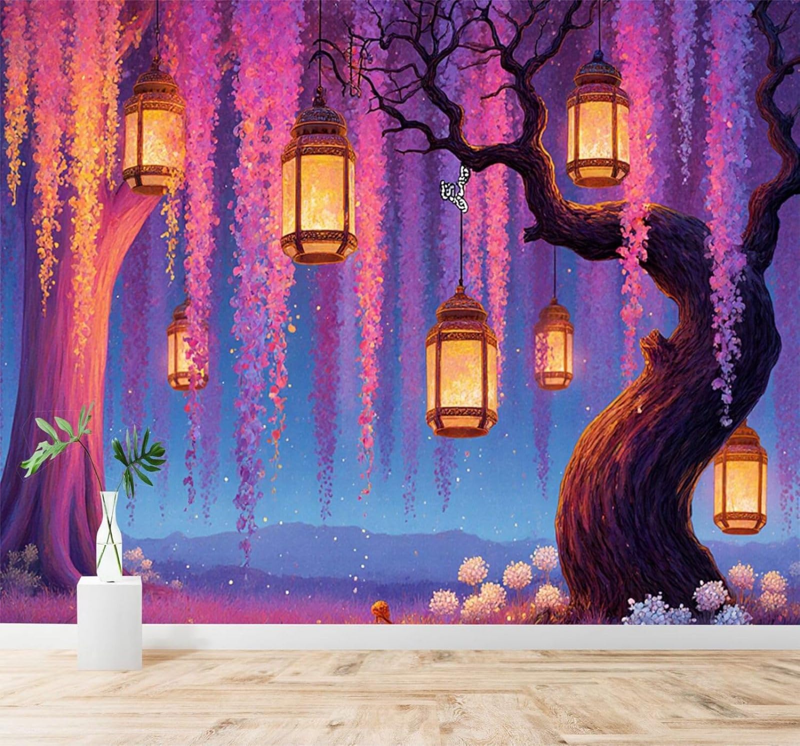 XLMING Beautiful Purple Flowers Wisteria Trees Hanging Lanterns Starry Sky 3D Wallpaper Premium Textured Silk Study Dining Living Room Bedroom Sofa TV Wall Easy Install-300cm×210cm