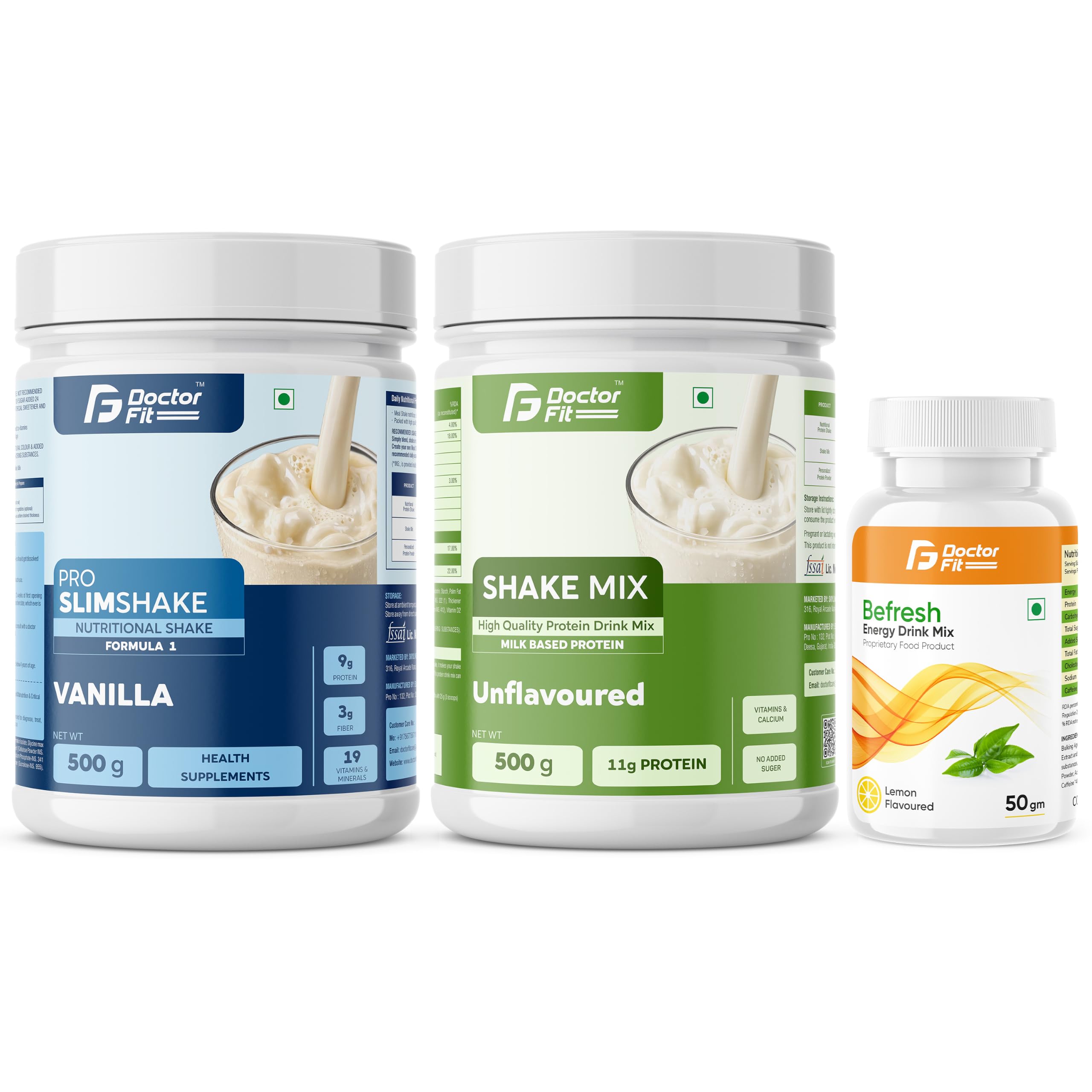 DOCTORFIT Pro Slimshake Formula 1 Vanilla 500g + ShakeMix Unflavoured 500g + Befresh Lemon Energy Drink Mix 50g | Nutritional & Protein Combo - 1050gm (Vanilla Shake + Shake Mix + Befresh Lemon)