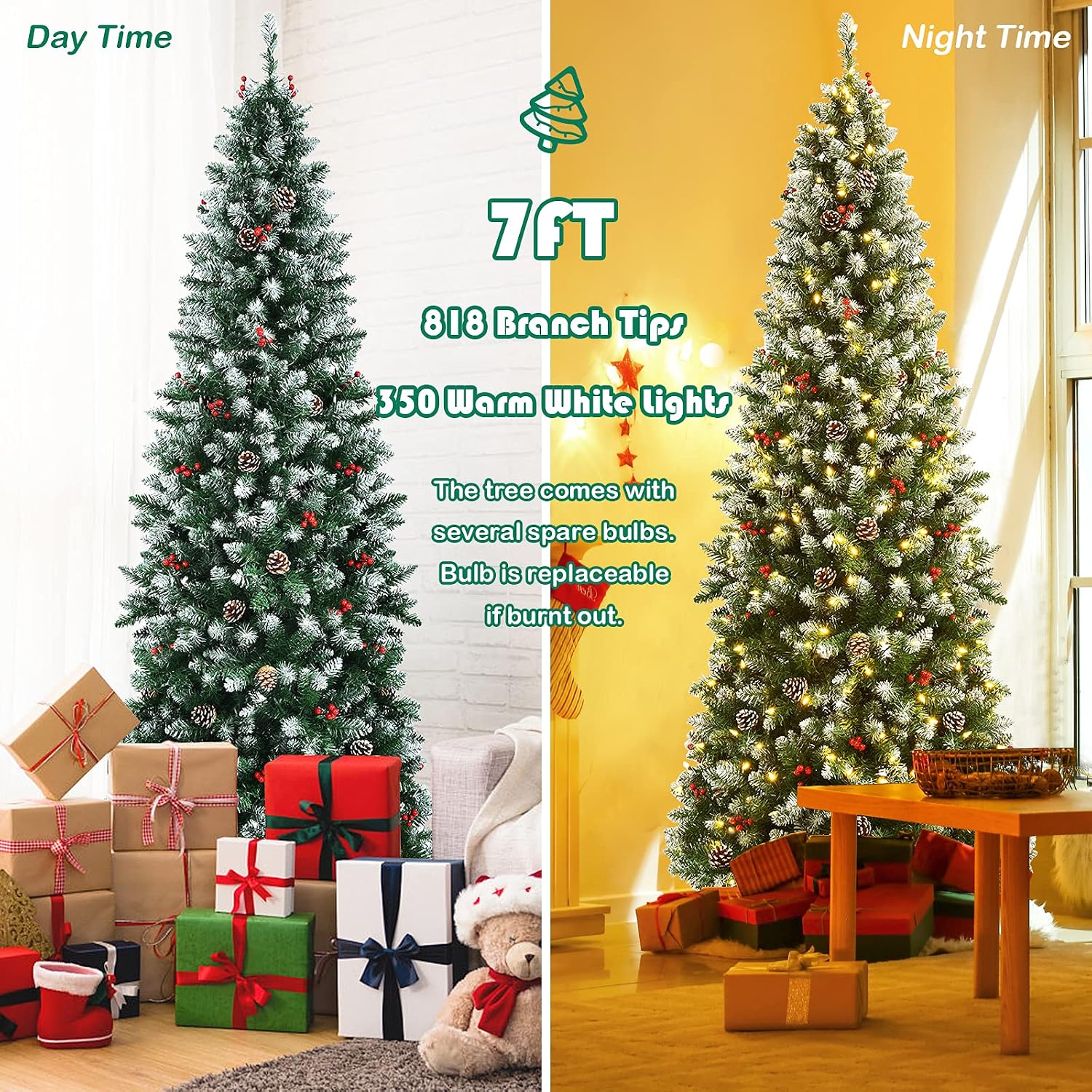 Goplus 7ft Pre-lit Pencil Christmas Tree, Snow Flocked Artificial Hinged Xmas Tree w/ Metal Base, 818 Tips, 350 Lights, Pine Cones & Red Berries, Holiday Decoration for Indoor, Home, Office, Shop
