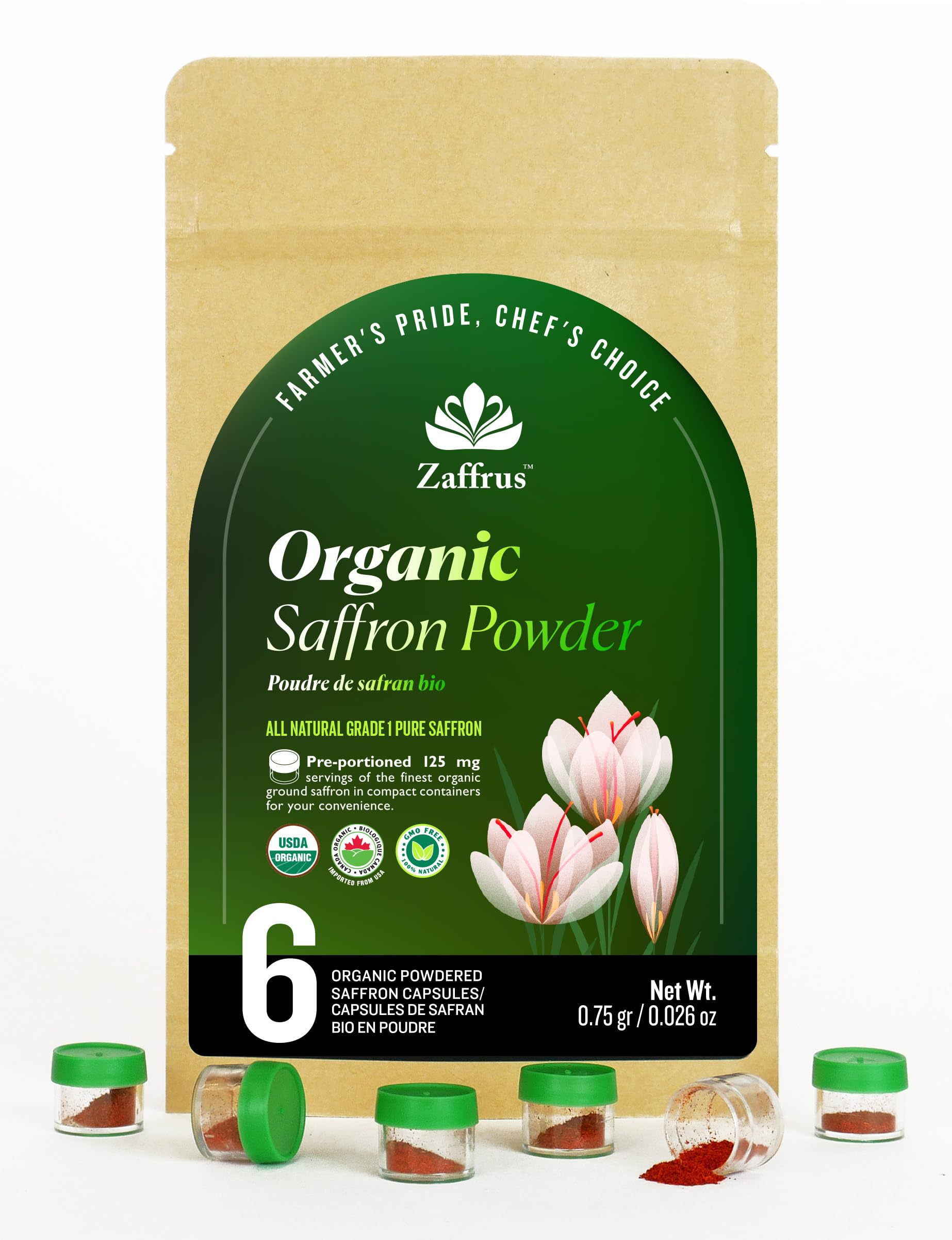 Certified Organic Premium Saffron Powder for Cooking Saffron Rice, Paella, Risotto, Soup, Desserts & Herbal Teas. Pack of 6 (.75 gram/ .026 Oz)