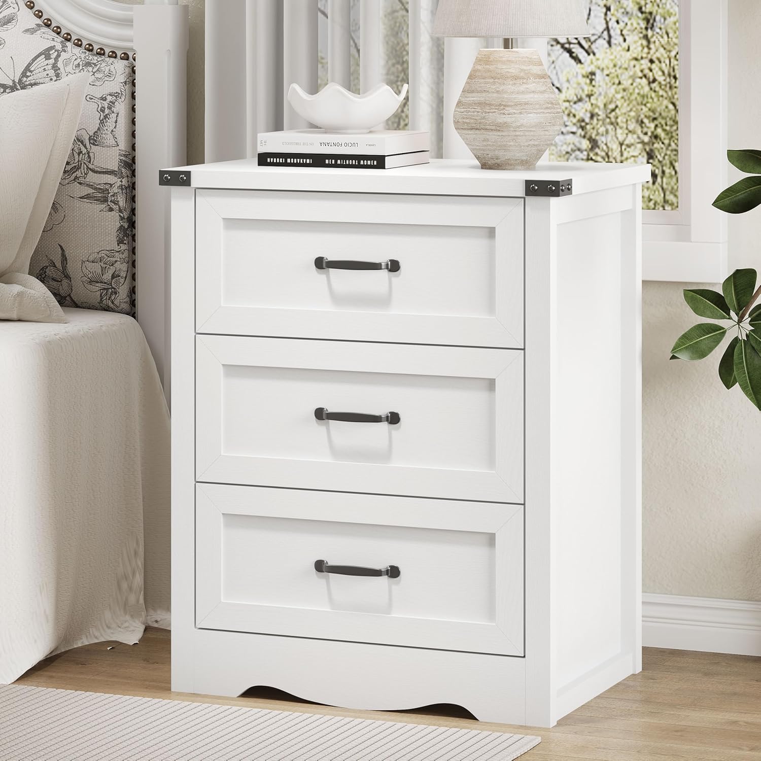 (Similar to photo)Nightstand with 3 Drawers, 24\" Wide Farmhouse Bedside End Table, Rustic Wood Side Table Night Stand with Mental Handle, Tall Modern Small Dresser Chest of Drawers for Bedroom, Living Room, Dorm, White