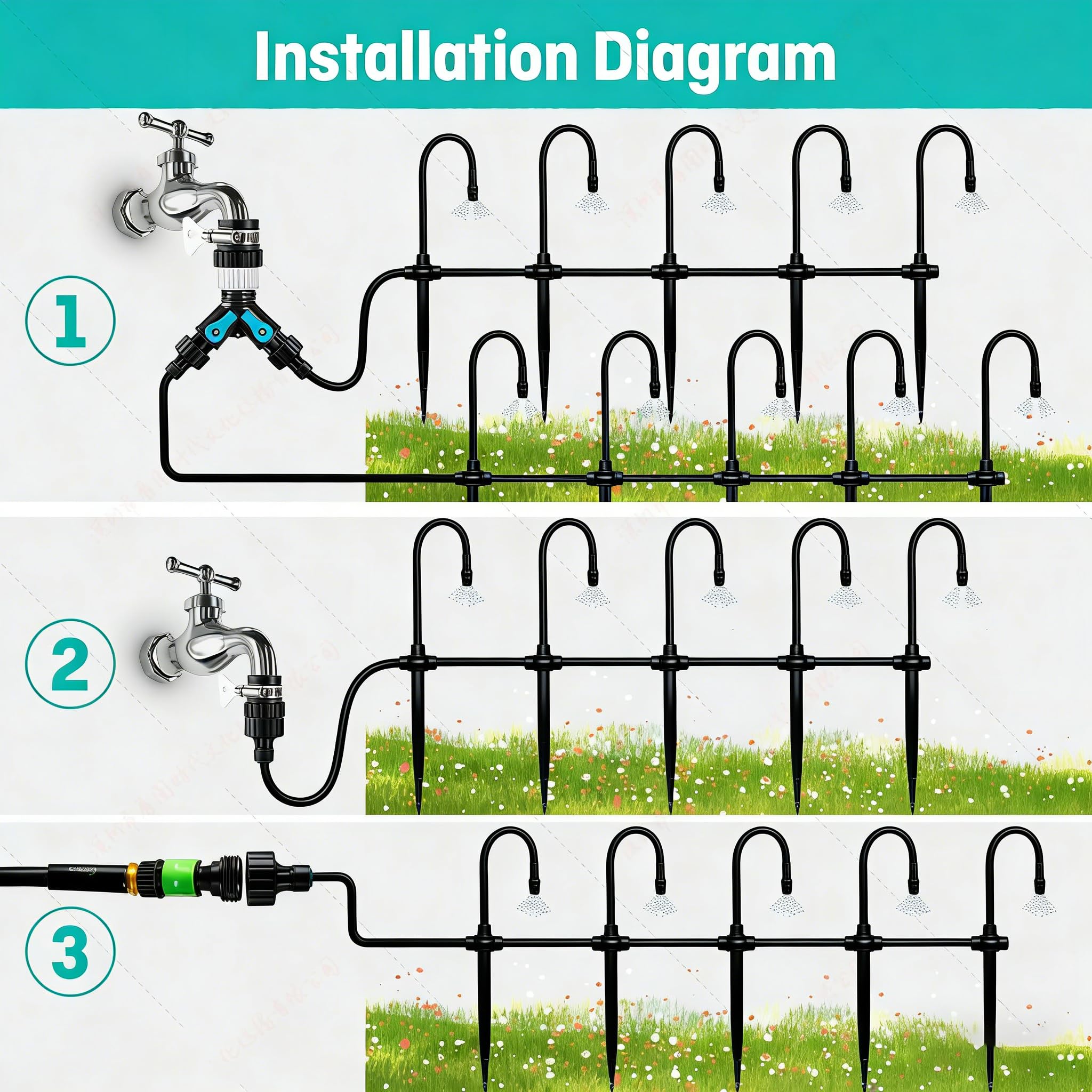 Sistema di irrigazione a goccia per giardino e balcone – regolabile a 360°, flusso controllabile; adatto per serre, aiuole e piante in vaso. (20M)