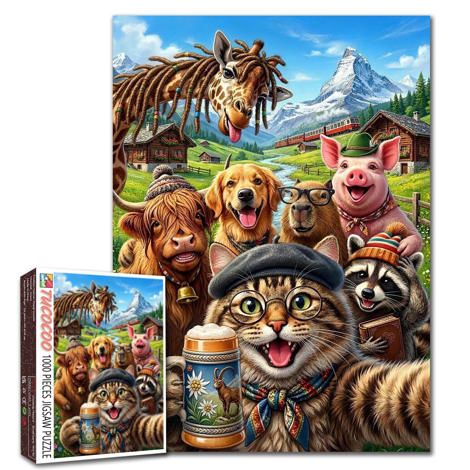 Funny animal Jigsaw Puzzles 1000 Pieces for Adults, Families(Cat giraffe with dreadlocks Highland cow Golden retriever) Pieces Fit Together Perfectly 19.7''x27.6''inch Frameable Farm Puzzle Art