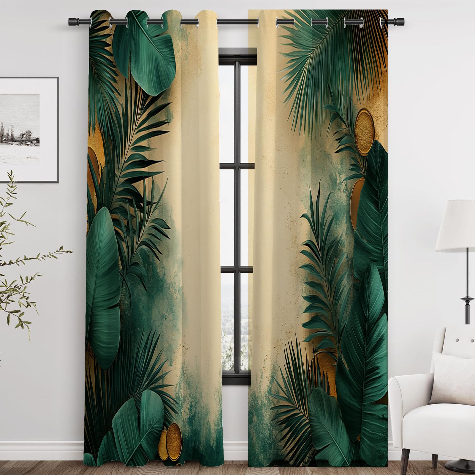Blickdichte Vorhänge, Tropische Palmenblätter mit Goldakzent Abstrakt Luxus Modern Muster Gardinen, für Wohnzimmer Schlafzimmer-H180 x B100 cm (2er Pack)