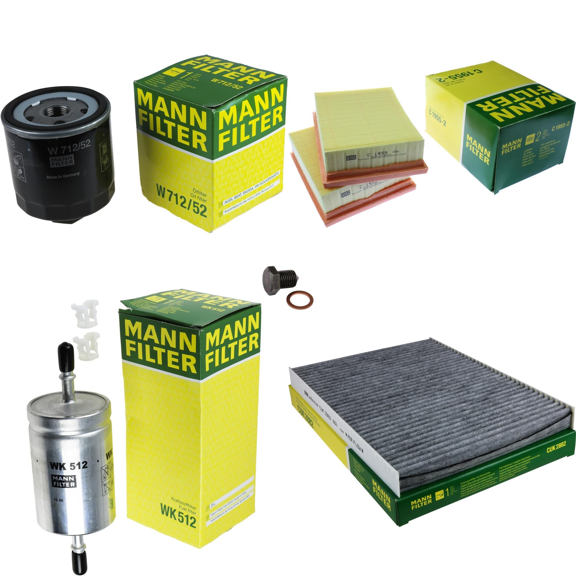 Paquete de inspección Kit de mantenimiento de filtros con filtro de aceite W 712/52, filtro de aire C 1955-2, filtro de combustible WK 512, filtro de habitáculo CUK 2882, tornillo de cierre