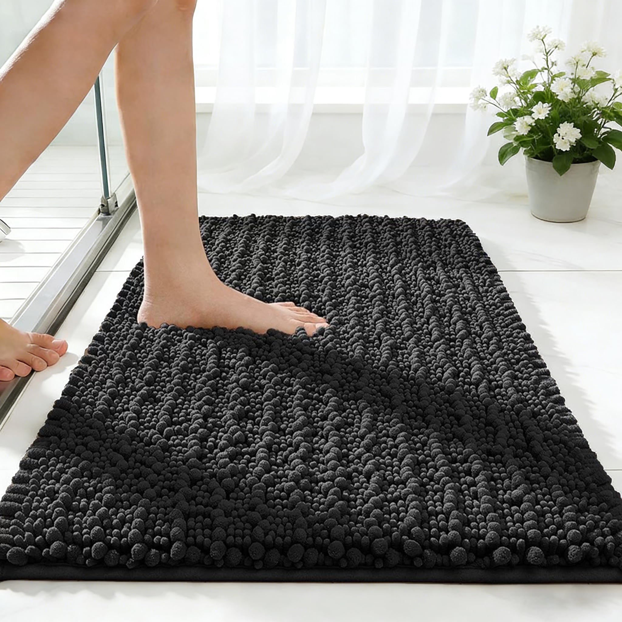ILANGO Bathroom Rugs Dark Grey 32x20 Extra Soft Absorbent Chenille Bath Rugs Thick Non-Slip Shaggy Bath Mat Machine