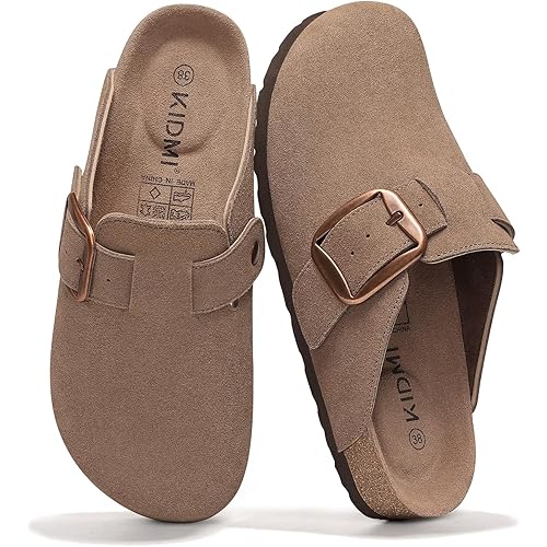 KIDMI Genuine Suede Clogs for Women Memory Foam Cork Footbed Potato Shoes Slip On Leather Mules with Big Buckle